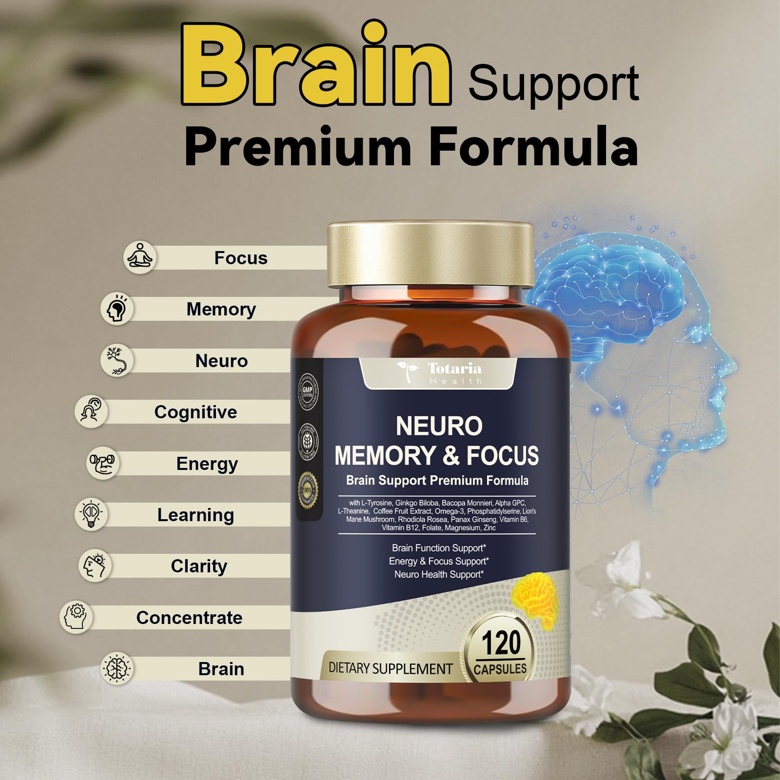 25 in 1 Brain Supplements for Memory and Focus & Neuro Health - Daily Brain Nootropic Cognitive Supplement with L-Tyrosine, Bacopa Monnieri, Ginkgo Biloba, Alpha GPC - Non-GMO, Gluten Free Totaria buy supplements canada