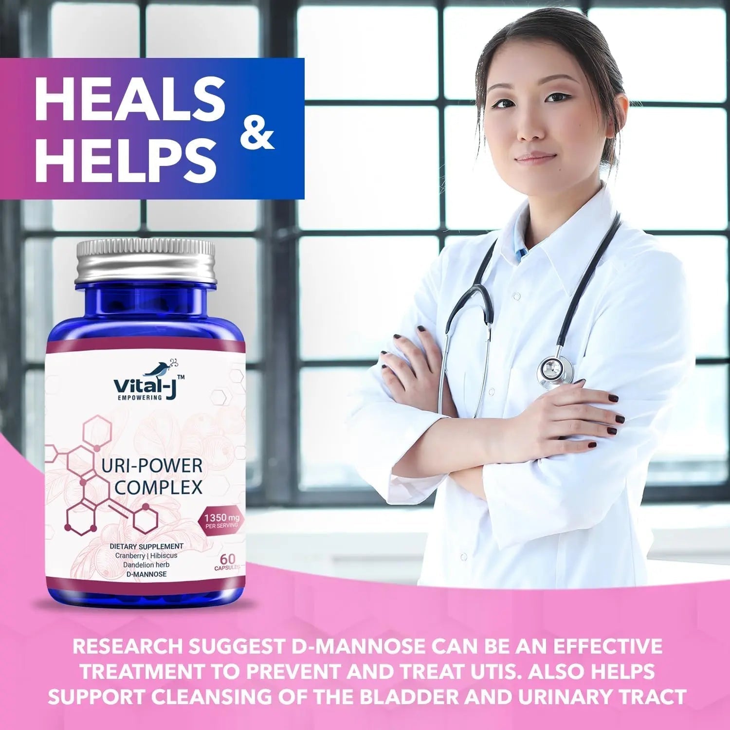 4-IN-1 URI POWER COMPLEX 1350mg - D Mannose, Cranberry, Hibiscus, and Dandelion Herb - Naturally Cleanse the Bladder and Urinary Tract 60 capsules – Specialized Approach for UTI Avoidance Vital-J Empowering buy supplements canada