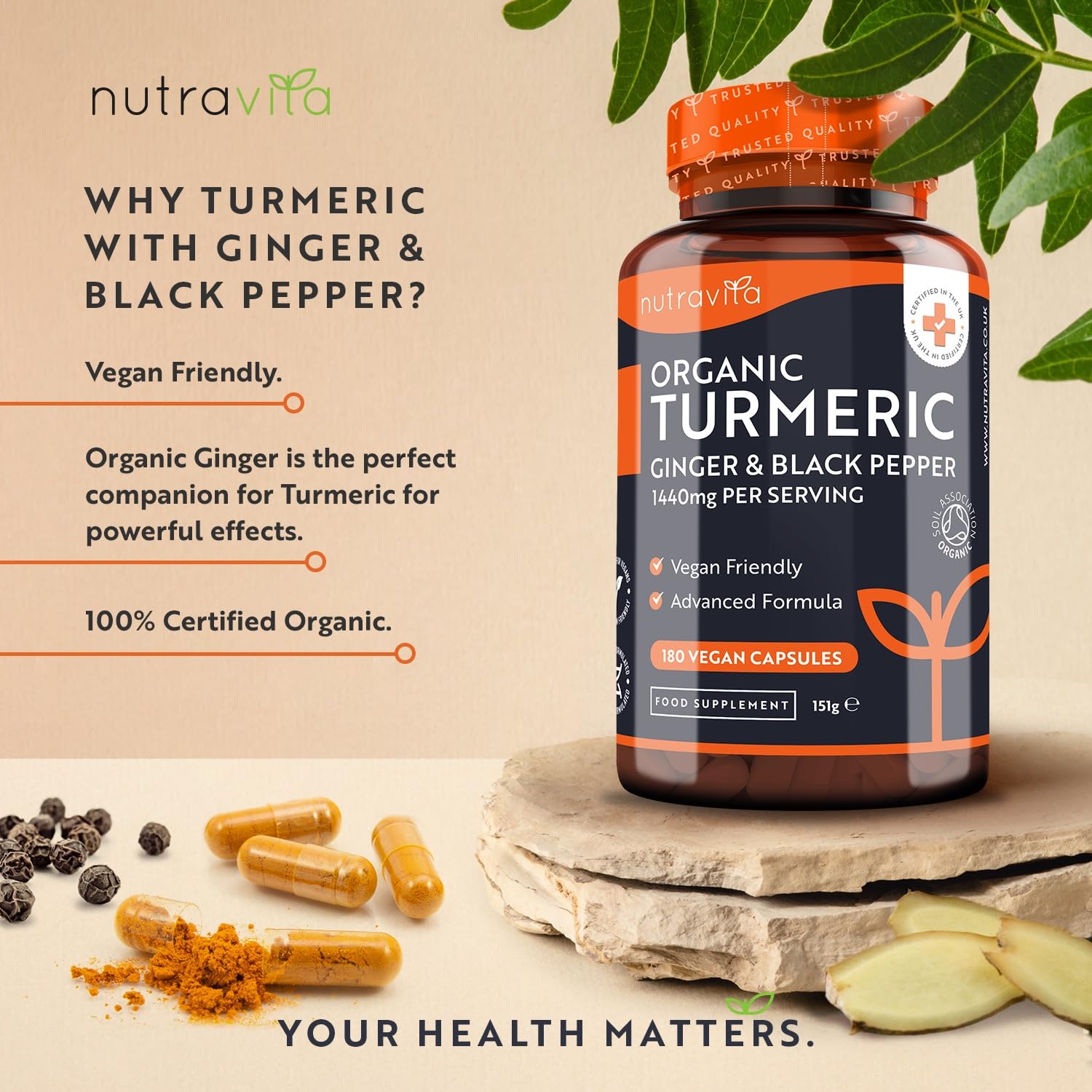 Organic Turmeric 1440mg (High Strength) with Black Pepper & Ginger - 180 Vegan Turmeric Nutravita buy supplements canada