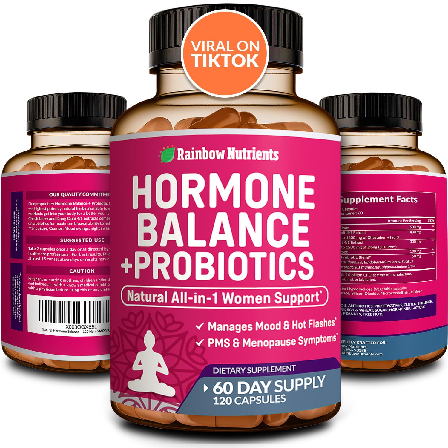 Hormone Balance + Probiotics for Women- Natural Menopause Relief, Weight Management, Bloating, Hot Flashes, PMS | Organic Maca, Chasteberry, Dong Quai & Black Cohosh | Non GMO |120 V Capsules Rainbow Nutrients, LLC buy supplements canada