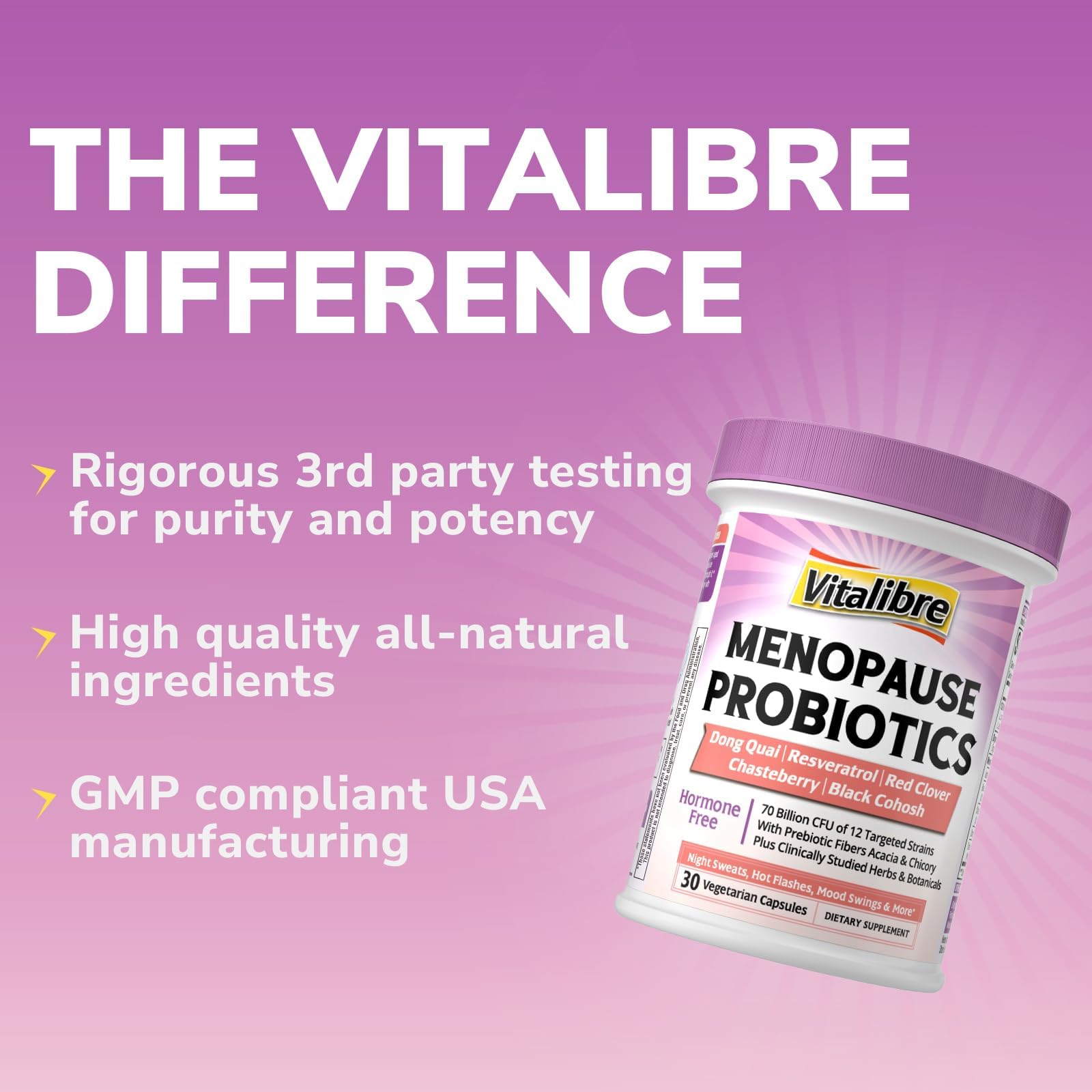 Vitalibre Menopause Probiotics for Women 70 Billion CFU, 12 Targeted Strains, Organic Prebiotics, Black Cohosh Resveratrol Red Clover Chasteberry Dong Quai, Hot Flash Night Sweat+, No Estrogen, 30 Ct Vitalibre buy supplements canada