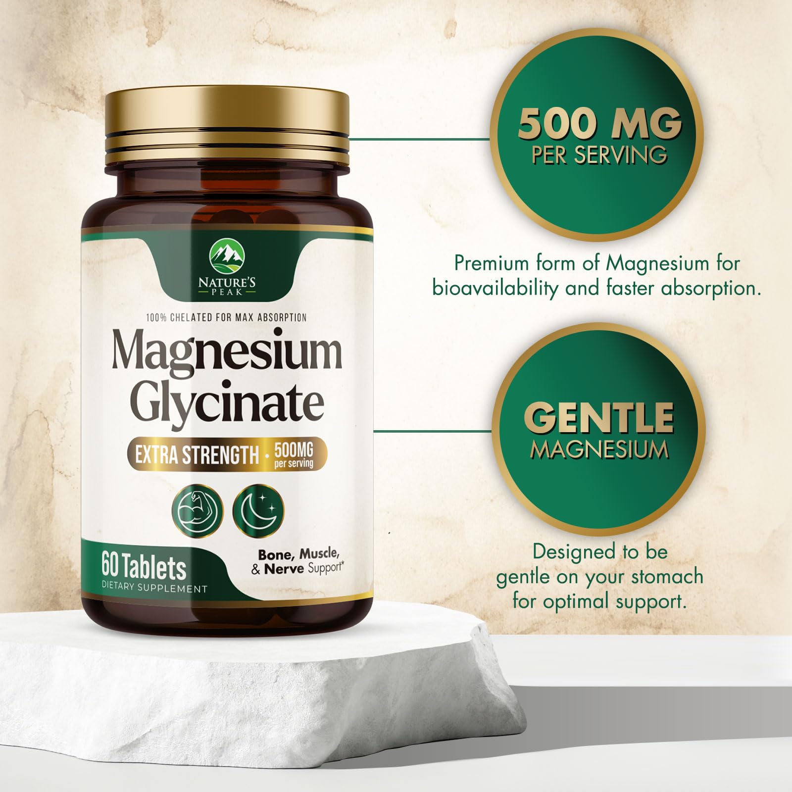 Magnesium Glycinate 500mg Per Serving - High Absorption Chelated Magnesium Supplement for Muscle, Bone and Heart Health Support - Easy Digestion & Gentle on Your Stomach - USA Bottled - 60 Tablets Nature's Peak buy supplements canada