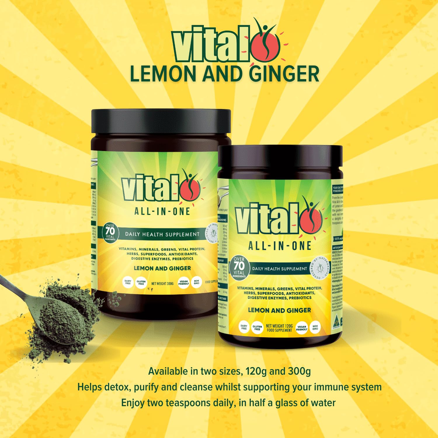 Vital All-in-One Daily Powdered Supplement - Natural Greens Superfood Powder for Energy & Health, Super Greens Powder Drink Mix with Probiotic & Antioxidant Support - Lemon & Ginger, 4.23 oz (120 g) Vital buy supplements canada