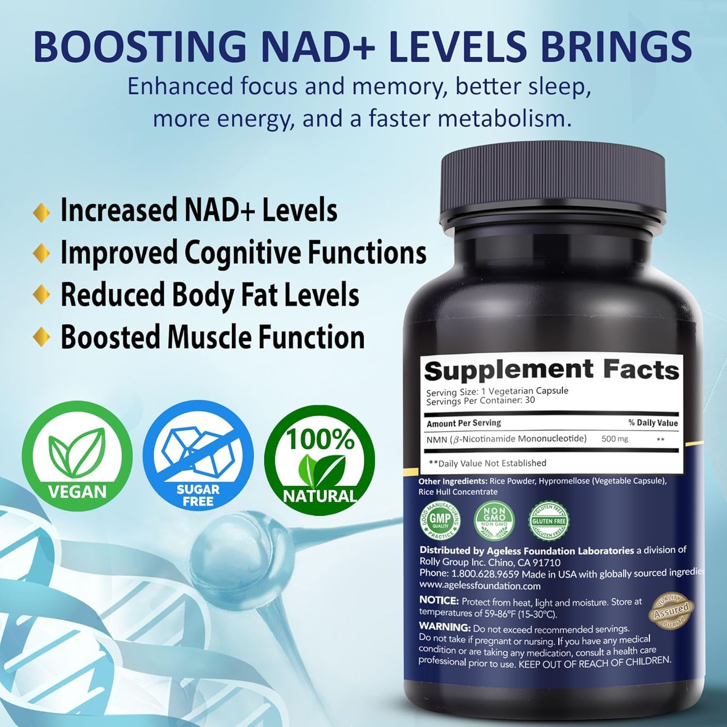 NMN Supplement 500mg Nicotinamide Mononucleotide | Supports NAD+ Levels, Energy, Cognitive Function, Muscle Health & Healthy Body Composition – Capsules (30) Ageless Foundation Laboratories buy supplements canada