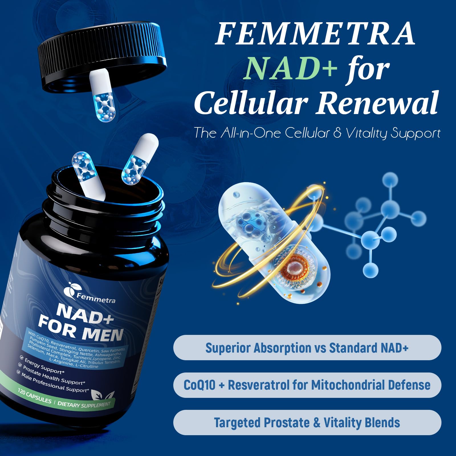 Femmetra NAD+ Supplements for Men with Saw Palmetto | All-in-One Cellular Energy, Prostate Support & Nitric Oxide Supplement with Resveratrol, L-Arginine | Non-GMO, 120 Capsules Femmetra buy supplements canada