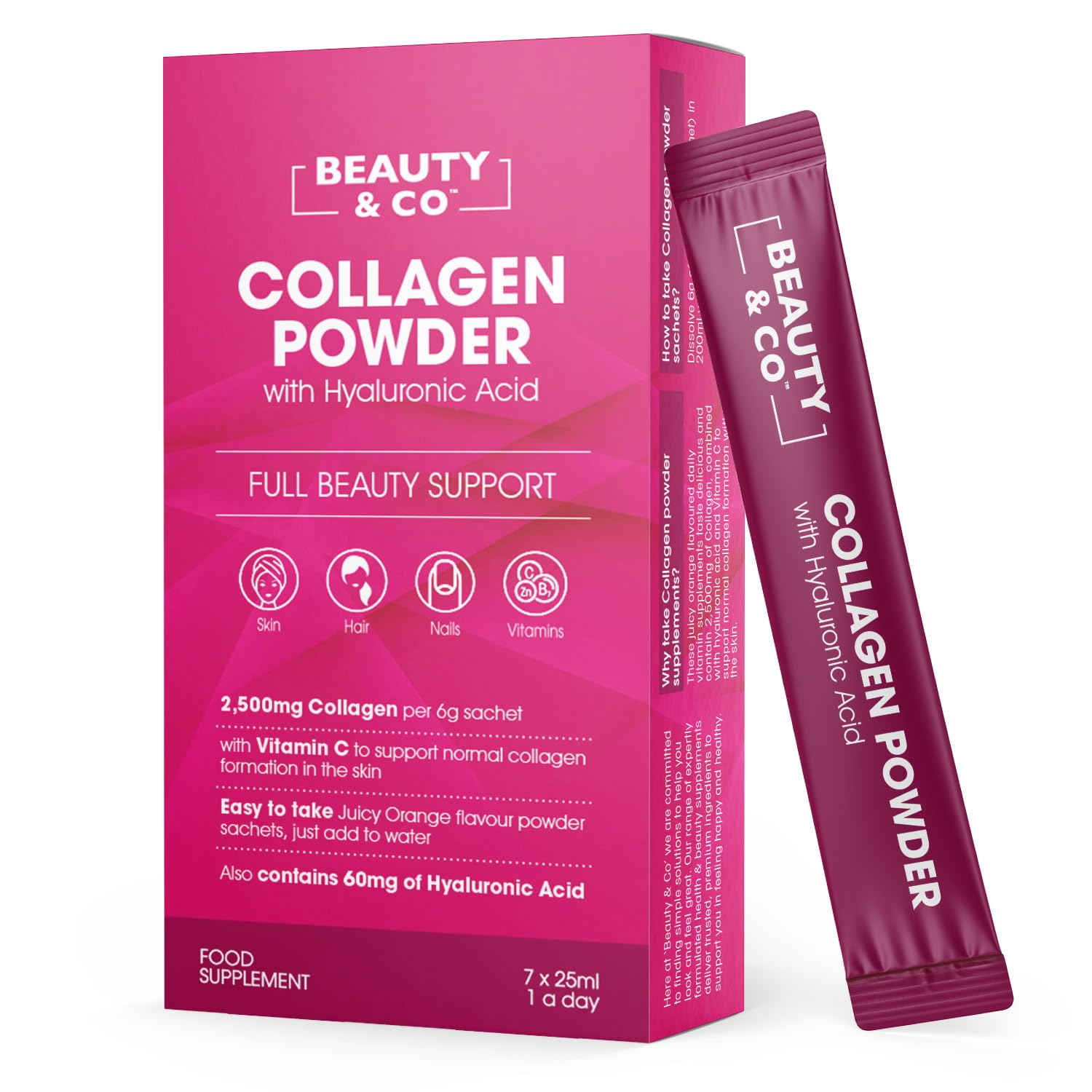 Collagen 2500mg Powder Supplement Boosted with Vitamin C and Hyaluronic Acid (Bovine) Beauty & Co buy supplements canada