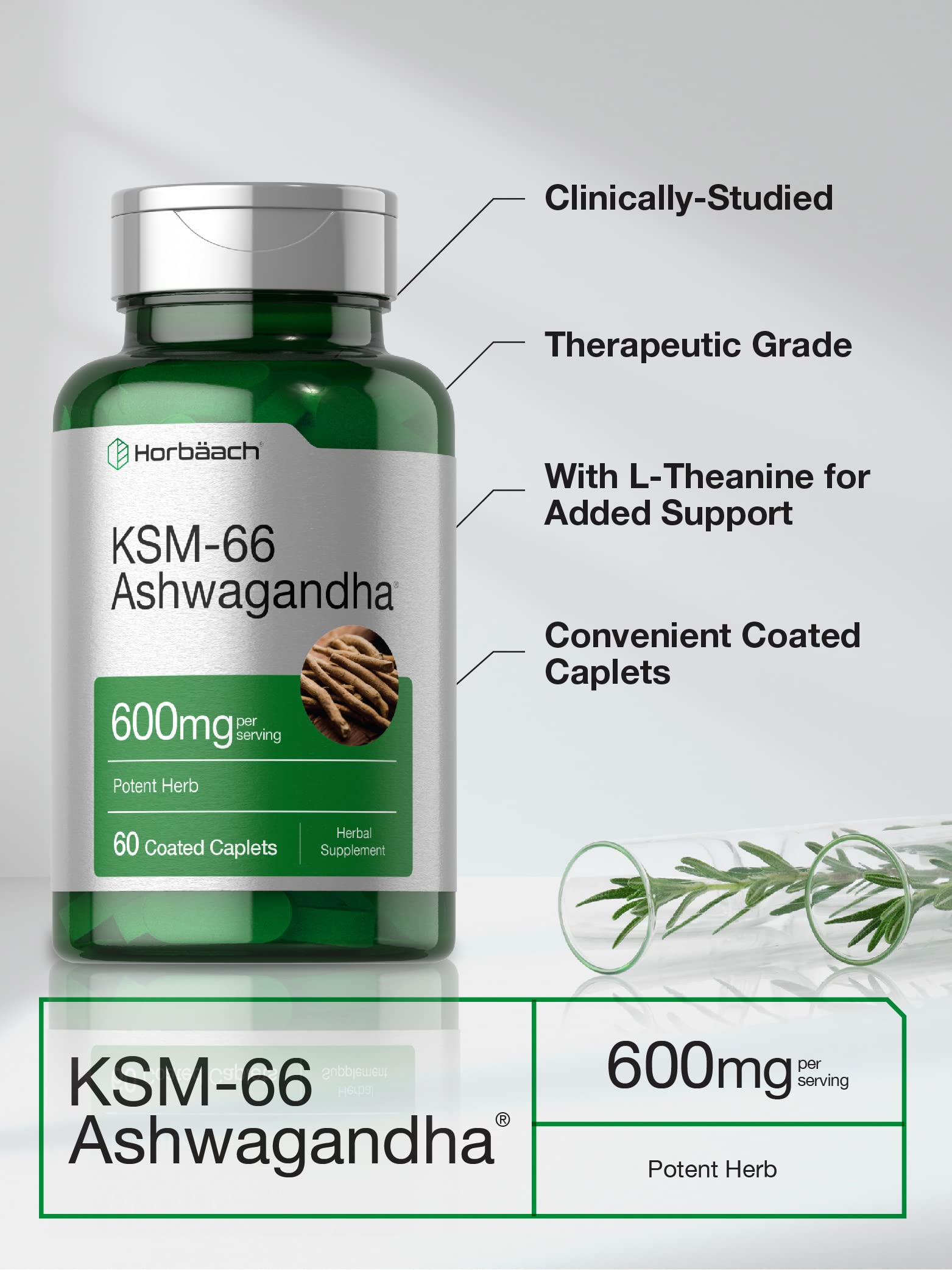 Horbäach KSM-66 Ashwagandha 600mg | with L-Theanine | 60 Coated Caplets | Vegan, Non-GMO, Gluten Free Complex Supplement Horbäach buy supplements canada