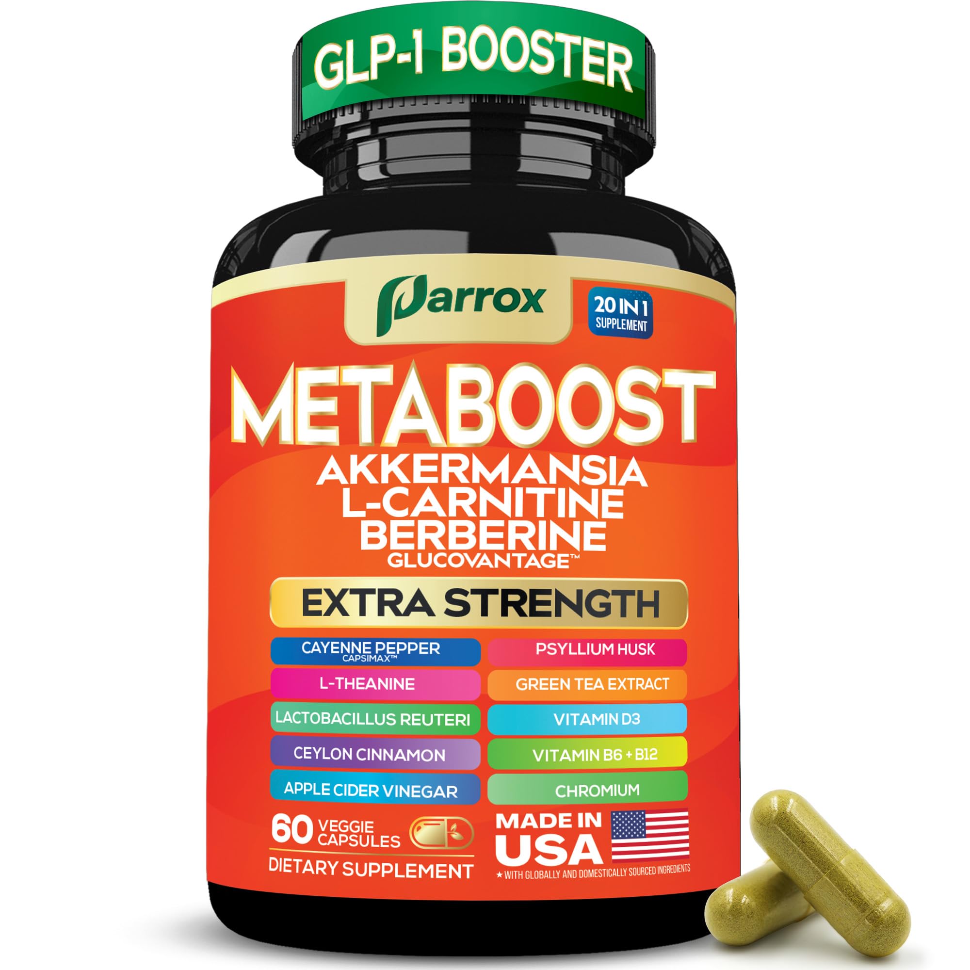 GLP-1 Booster Supplement, Akkermansia, L-Carnitine, Berberine (GlucoVantage), Methylfolate, Methylated B12, Chromium, Capsimax, Psyllium Husk, Probiotics Vitamins D3, B6, 20-in-1 Plant-Based (60 Caps) Parrox buy supplements canada