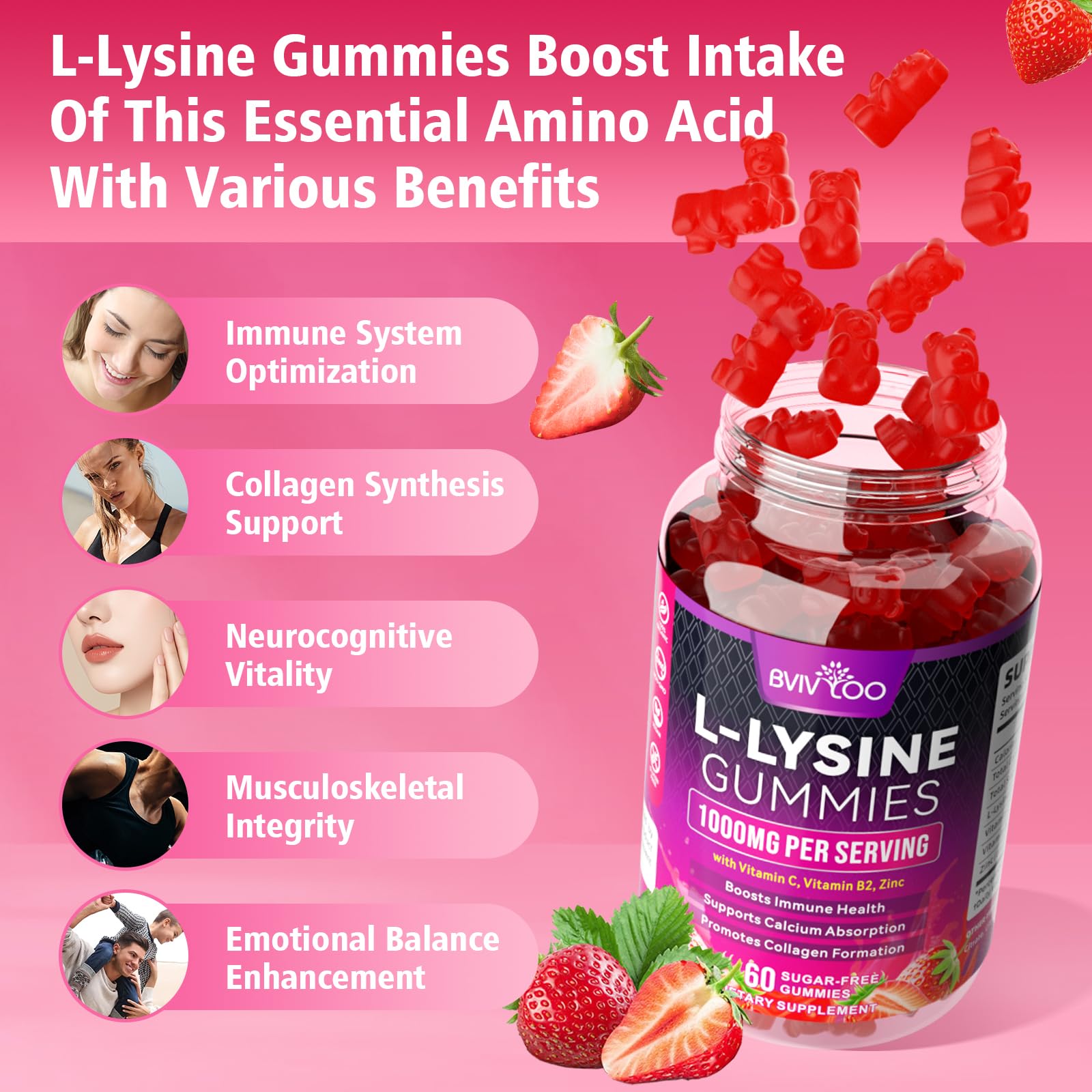 BVIVLOO L-Lysine 1000mg Gummies for Immune Support & Skin Health - High Potency Vegan Gummies, Sugar-Free, Natural Berry Flavor, Gluten-Free Chewable Supplement BVIVLOO buy supplements canada