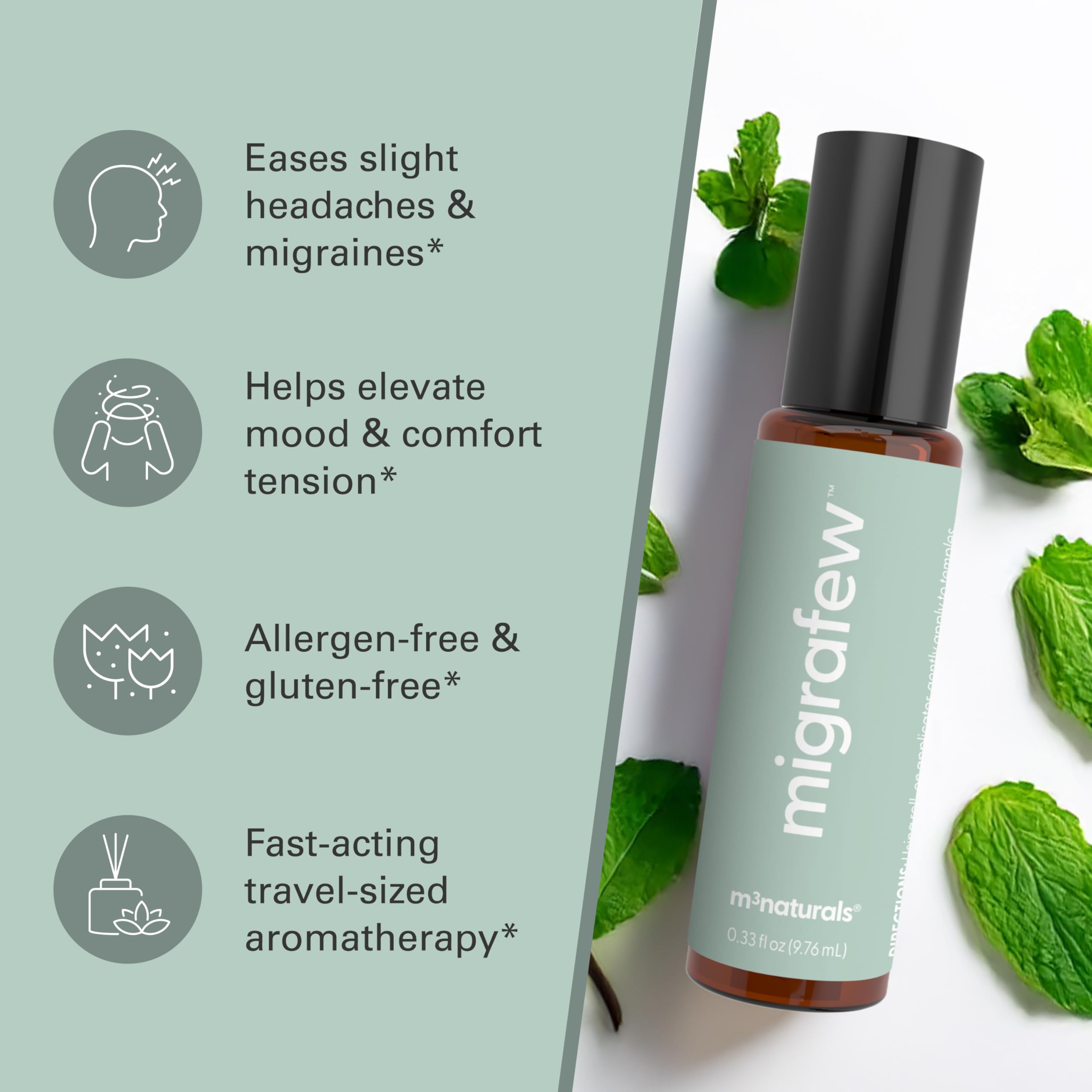 MigraFew Aromatherapy Migraine Roll On | Compact Headache Relief with Cooling Metal Roller for Head Tension and Pressure, Made with Peppermint, Spearmint and Lavender Essential Oils (Pack of 2) by M3 M3 Naturals buy supplements canada
