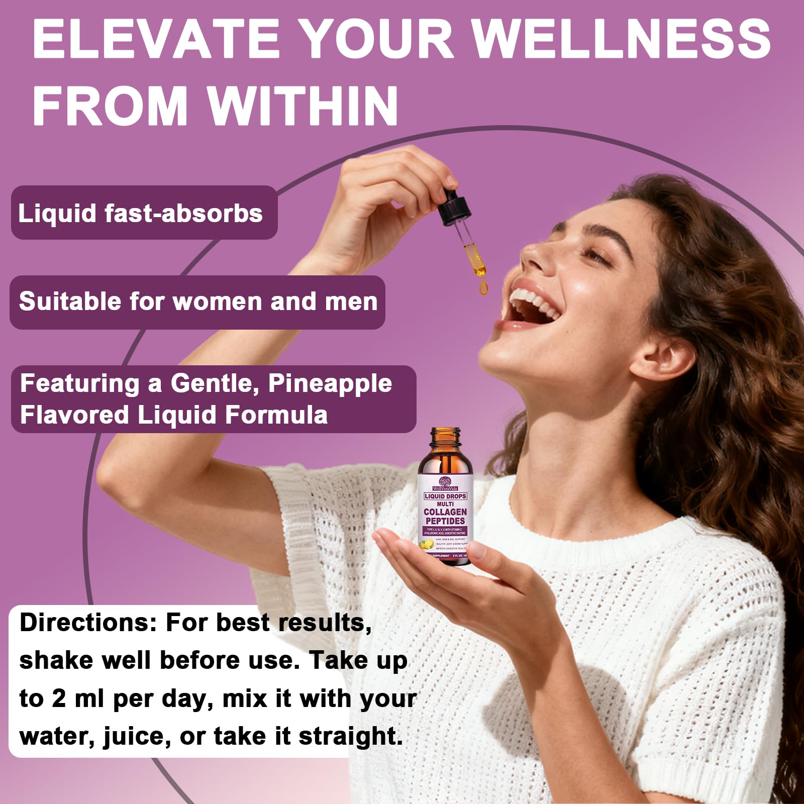 Multi Collagen Peptides Liquid Drops, 2oz – Types I, II, III, V, X, Hydrolyzed Collagen Complex for Hair, Skin, Nails, Bones & Joint Support | Collagen Supplement w. Hyaluronic Acid, Biotin, Vitamin C WellVeraVida buy supplements canada