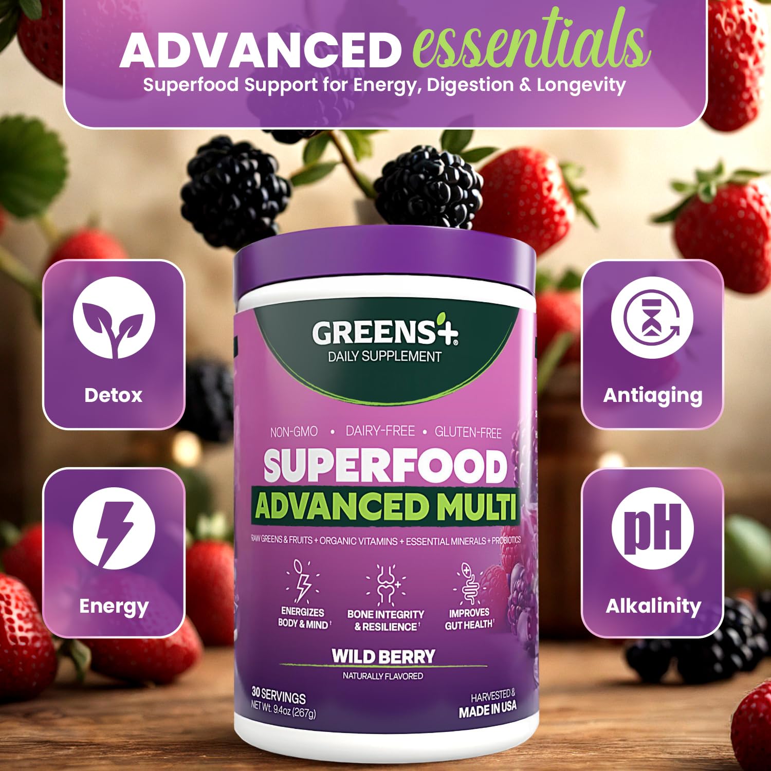 Greens+ Advanced Multi Wild Berry Superfood Powder, Organic Blend, Vegan, Non-GMO, Soy-Free, Dairy-Free, Gluten-Free, Dietary Supplement with Vitamins & Minerals, 9.4 oz Greens+ buy supplements canada