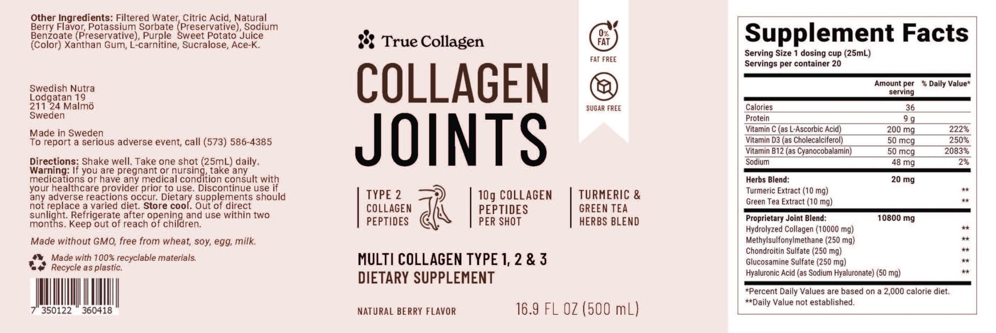 True Collagen Joints | 10,000 mg Hydrolyzed Collagen Liquid Supplement - 500 ml, 20 Day Supply | Glucosamine, MSM and Chondroitin for Healthy Joints | Fat-Free, Sugar-Free, 100% Natural Berry Flavor True Collagen buy supplements canada