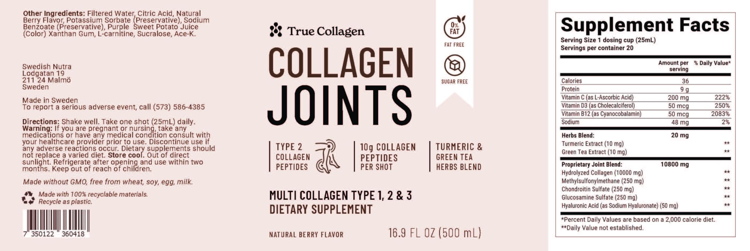 True Collagen Joints | 10,000 mg Hydrolyzed Collagen Liquid Supplement - 500 ml, 20 Day Supply | Glucosamine, MSM and Chondroitin for Healthy Joints | Fat-Free, Sugar-Free, 100% Natural Berry Flavor True Collagen buy supplements canada
