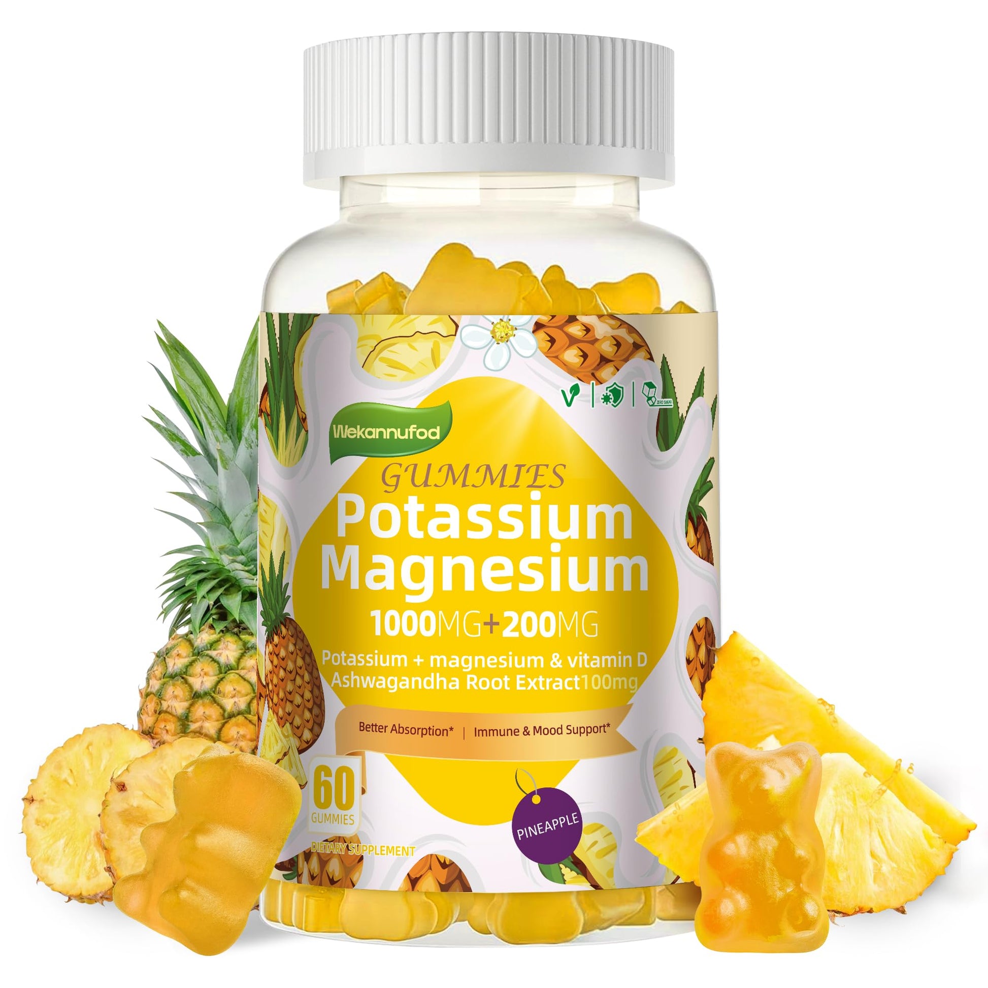 Potassium Magnesium Gummies,High Absorption Magnesium Glycinate,B6,D3,Potassium Citrate for Leg Cramps,Muscle,Electroyte for Adults Kids,Sugar-Free, 60 Gummies (Pineapple) Wekannufod buy supplements canada