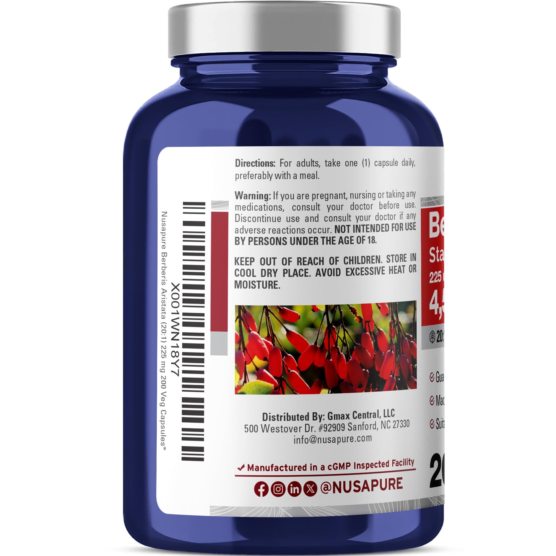NusaPure Berberine HCI 20:1 Extract, 225 mg Equivalent to 4,500mg - 200 Veggie Caps - (Vegetarian, Non-GMO, Vegan) NusaPure buy supplements canada
