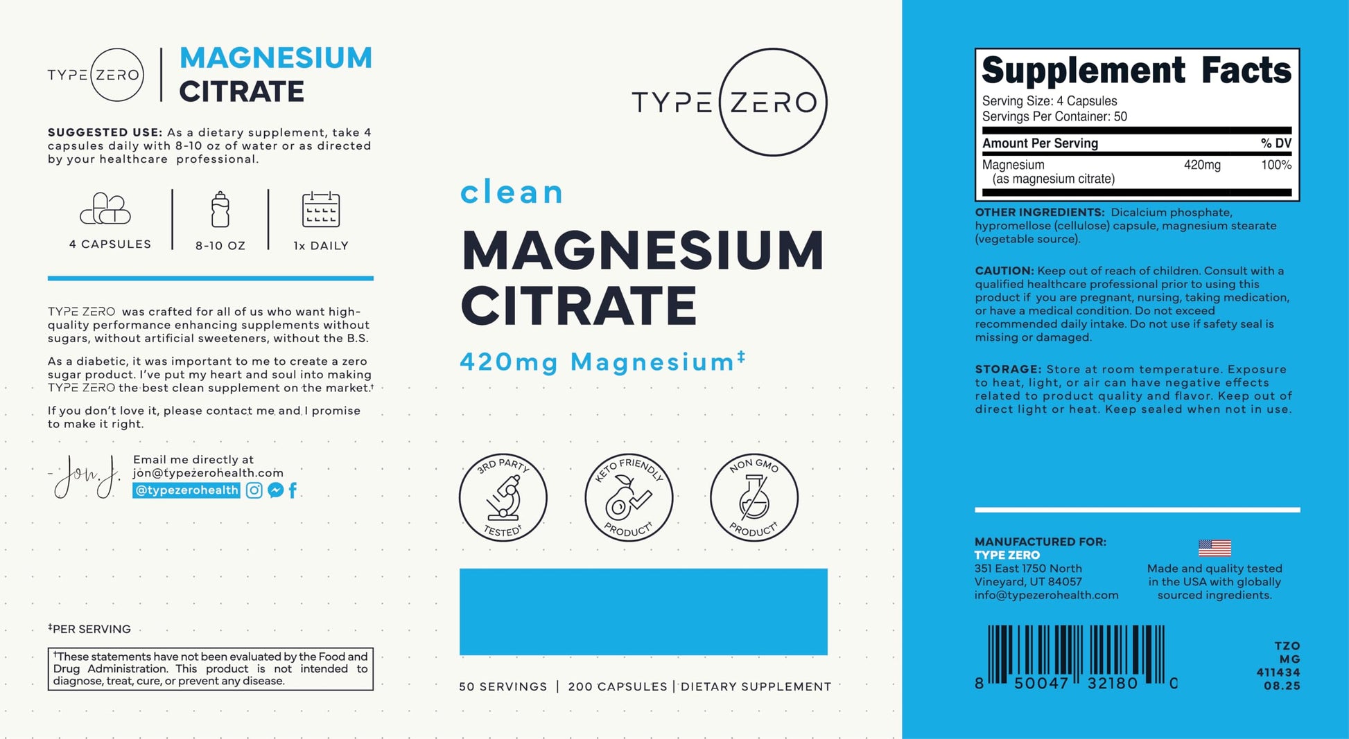 Type Zero Clean Magnesium Citrate Capsules (420mg Per Serving - 200 Capsules) Pure Magnesium Citrate Supplement, Non-GMO - Gluten Free, 50 Servings Type Zero buy supplements canada