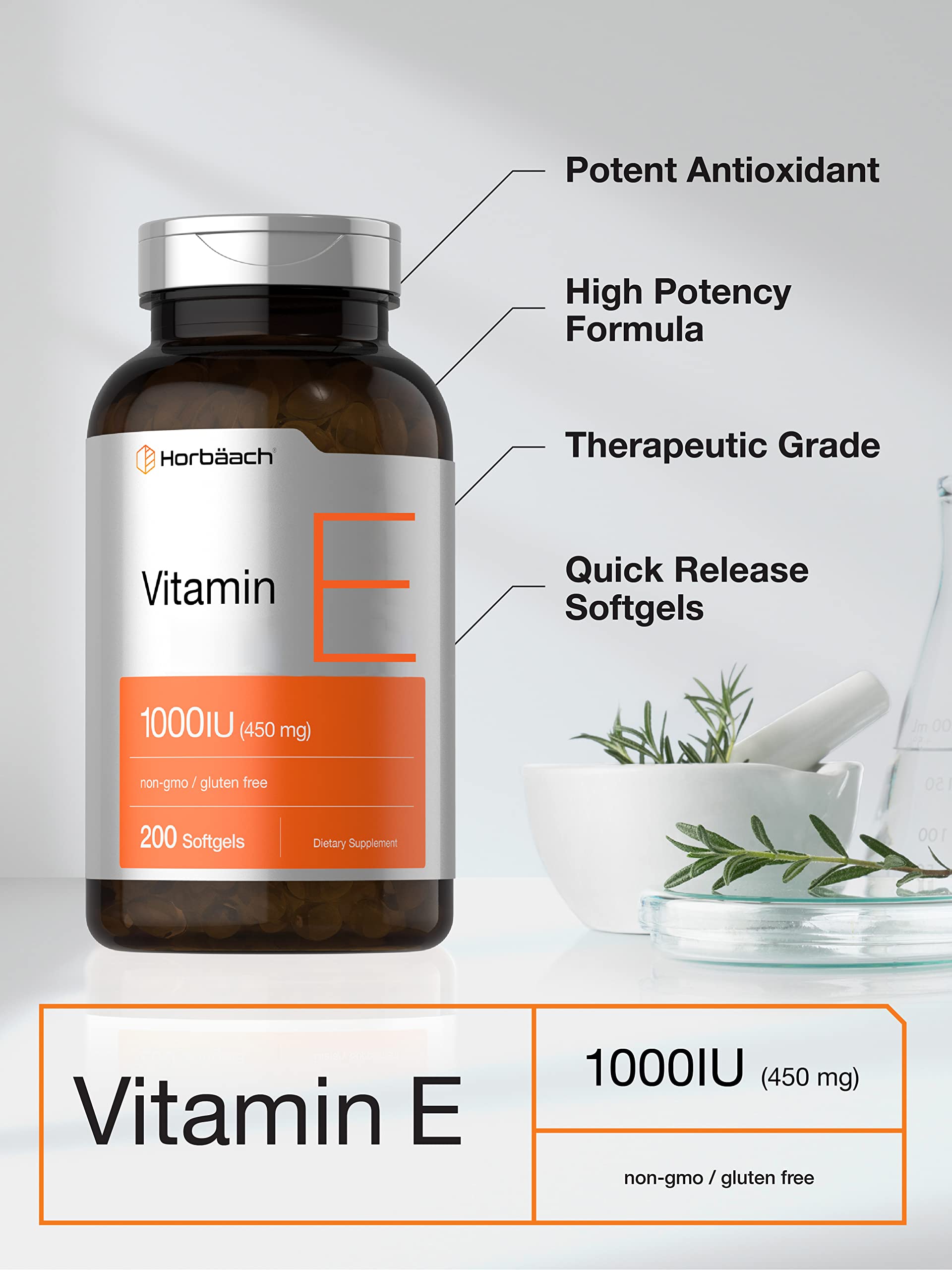 Vitamin E 1000 IU Softgel Capsules | 200 Count | Non-GMO, Gluten Free, Preservative Free Horbäach buy supplements canada