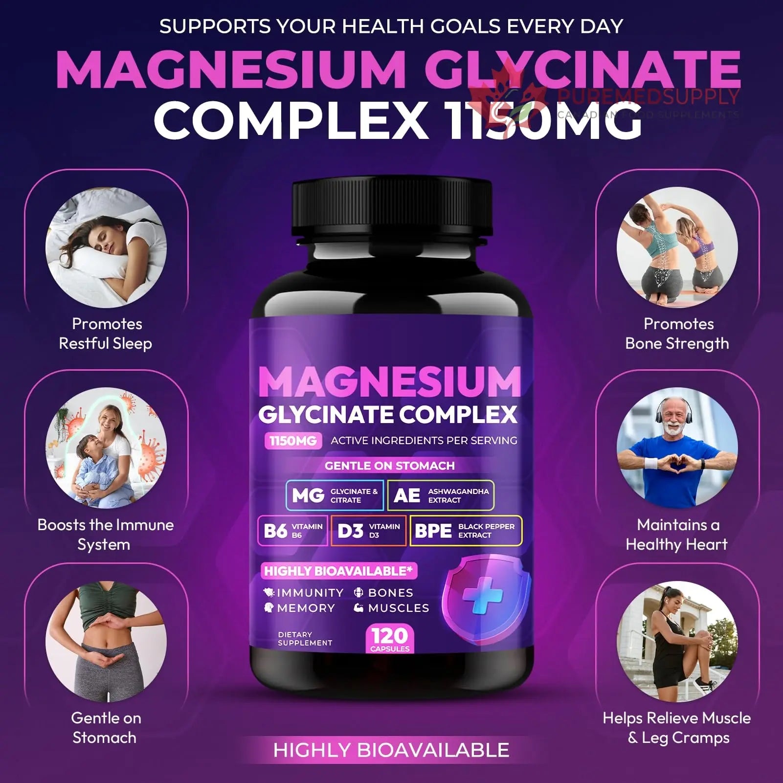 Magnesium Glycinate Complex 1150mg - Gentle on Stomach High Absorption Magnesium Capsules with Citrate, Silica, Ashwagandha & Vitamin B6 for Zzz, Stress Relief, Muscle Support for Adults, Women & Men Cytona buy supplements canada