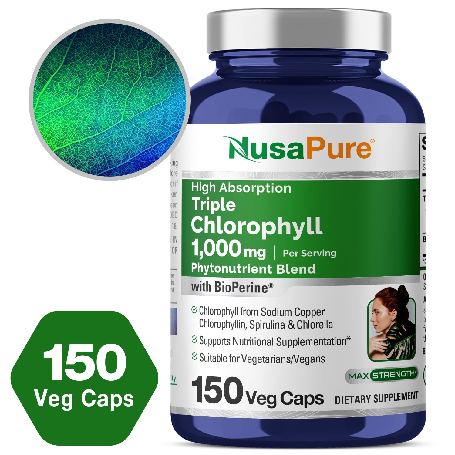 NusaPure High Absorption Triple Chlorophyll 1000 mg 150 Veg Caps Suitable for Vegetarians and Vegans, Non-GMO NusaPure buy supplements canada