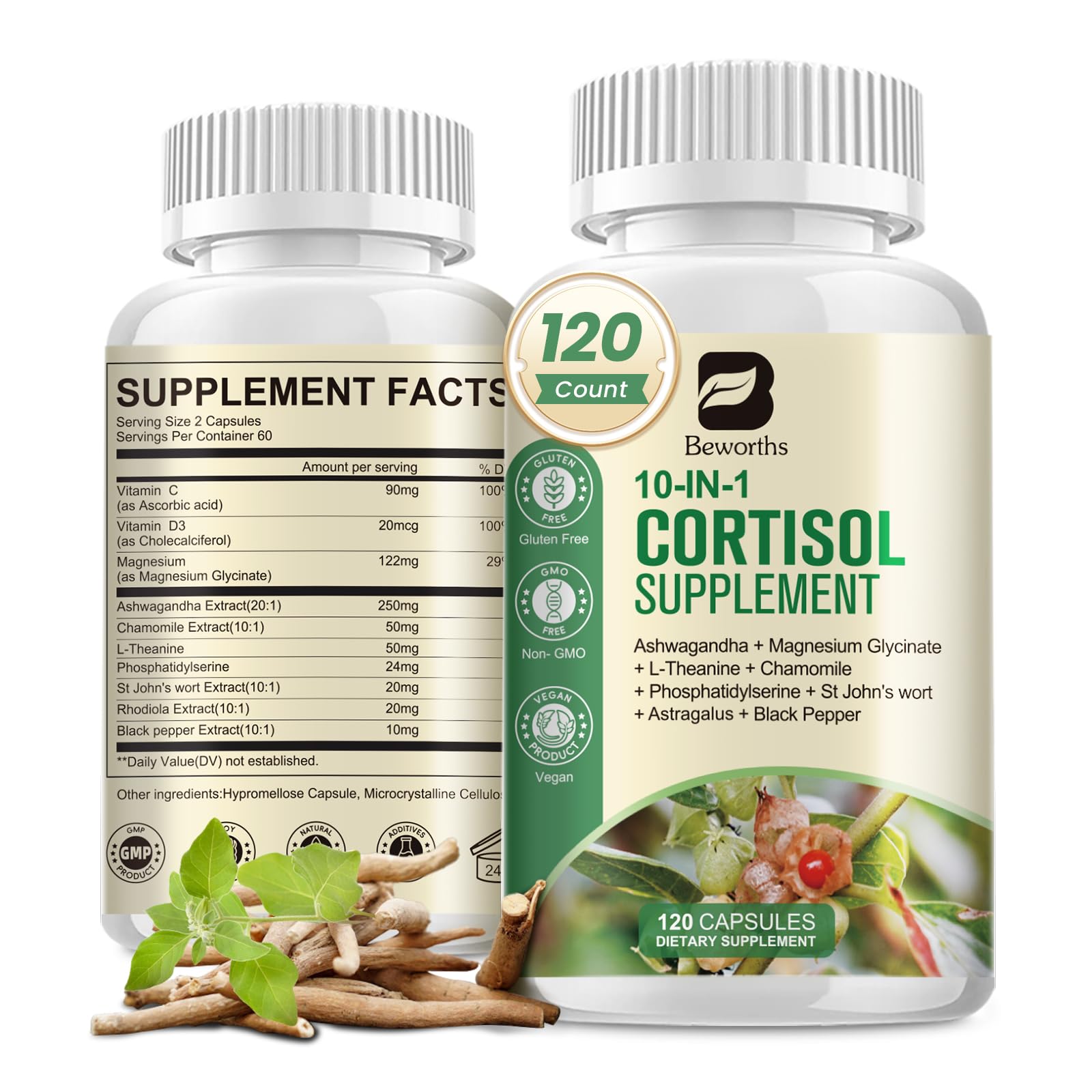 B BEWORTHS Cortisol Supplements for Women Men, 10-in-1 Cortisol Detox with Ashwagandha, Magnesium, L-Theanine, Balanced Cortisol Levels, Night & Calm Support, 120 Vegan Capsules B BEWORTHS buy supplements canada
