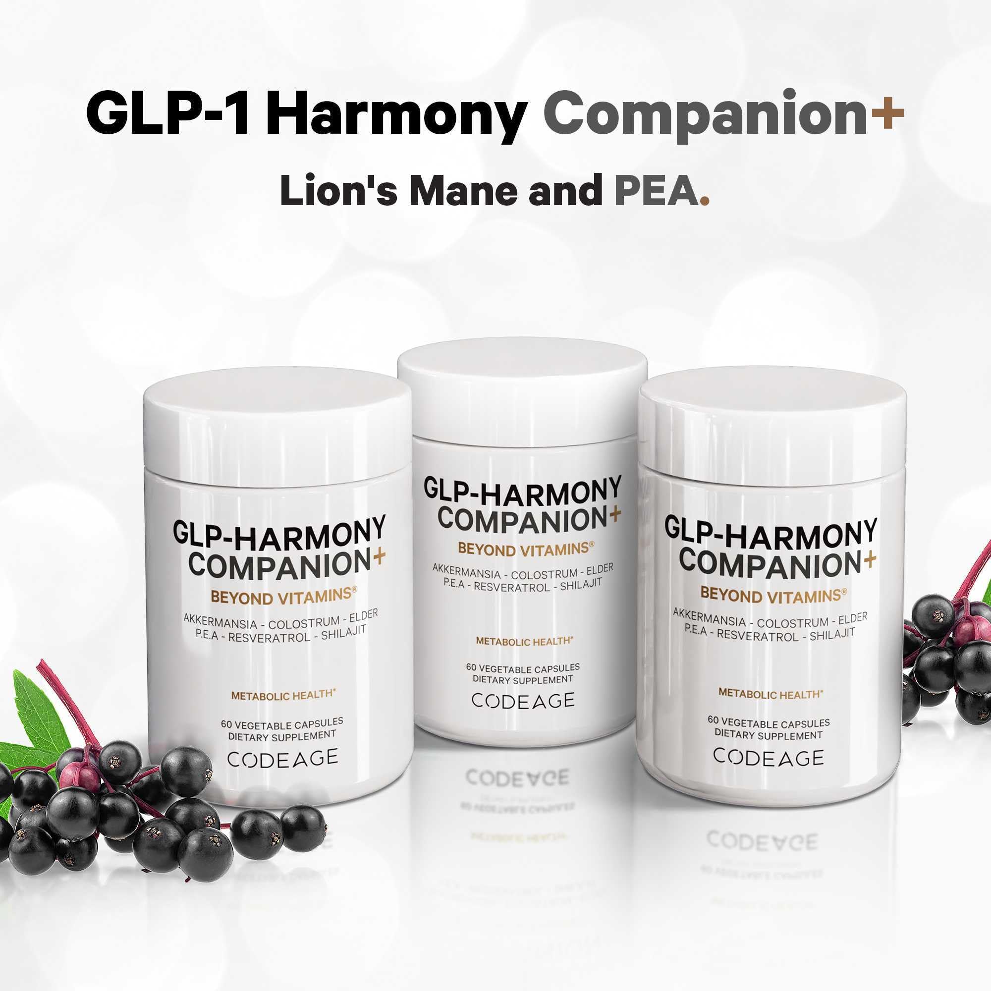 Codeage GLP-Harmony Companion+ Supplement - GLP-1 Agonist Support - Lion's Mane, Pea, Colostrum, Shilajit, Akkermansia, Elder, Citrus Bioflavonoids, Broccoli, Resveratrol - Non-GMO - 60 Capsules Codeage buy supplements canada
