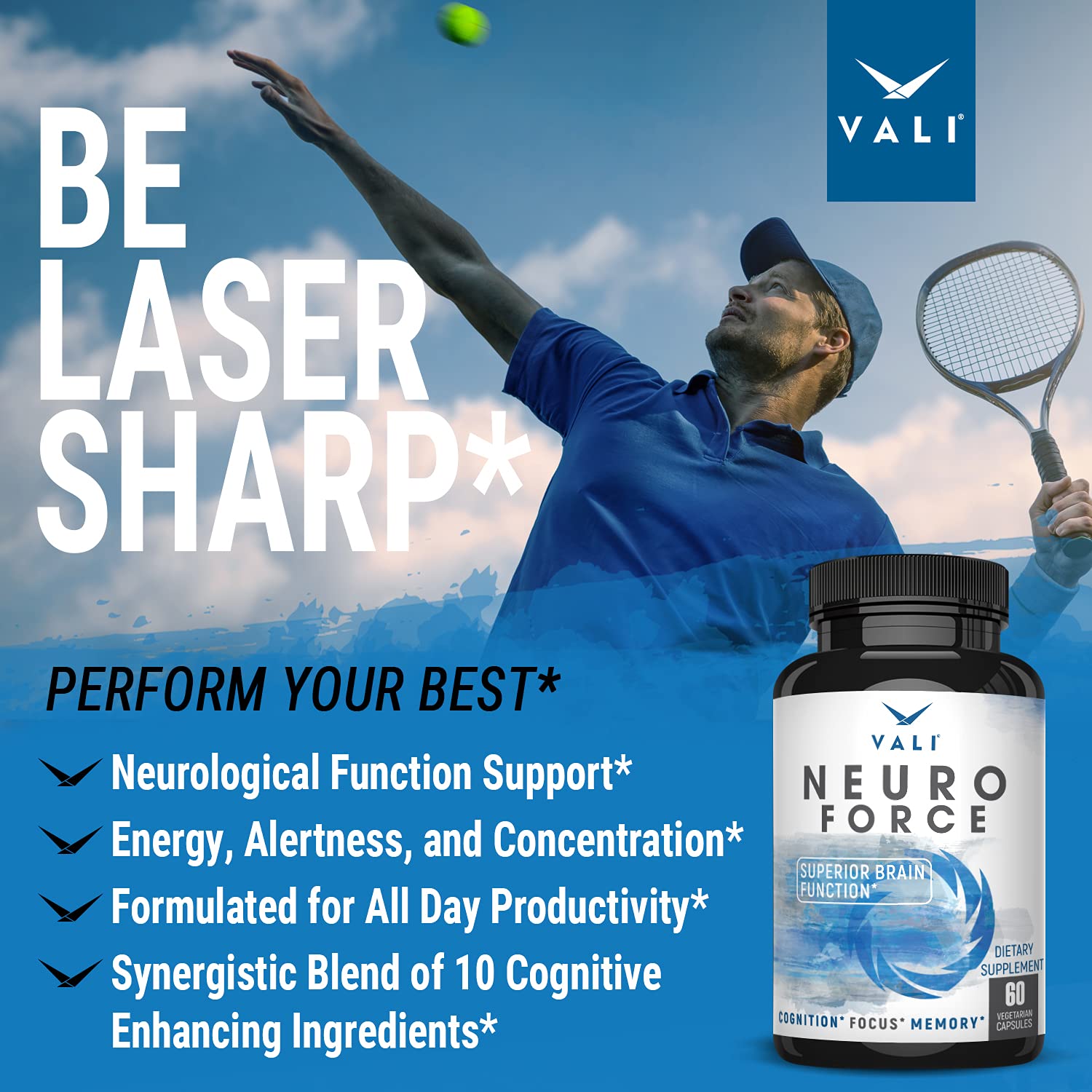 VALI Neuro Force Brain Booster Supplement for Focus, Memory, Clarity & Energy. Extra Strength Nootropic Cognitive Function Support for Mental Performance. with Natural Caffeine. 60 Veggie Capsules VALI buy supplements canada