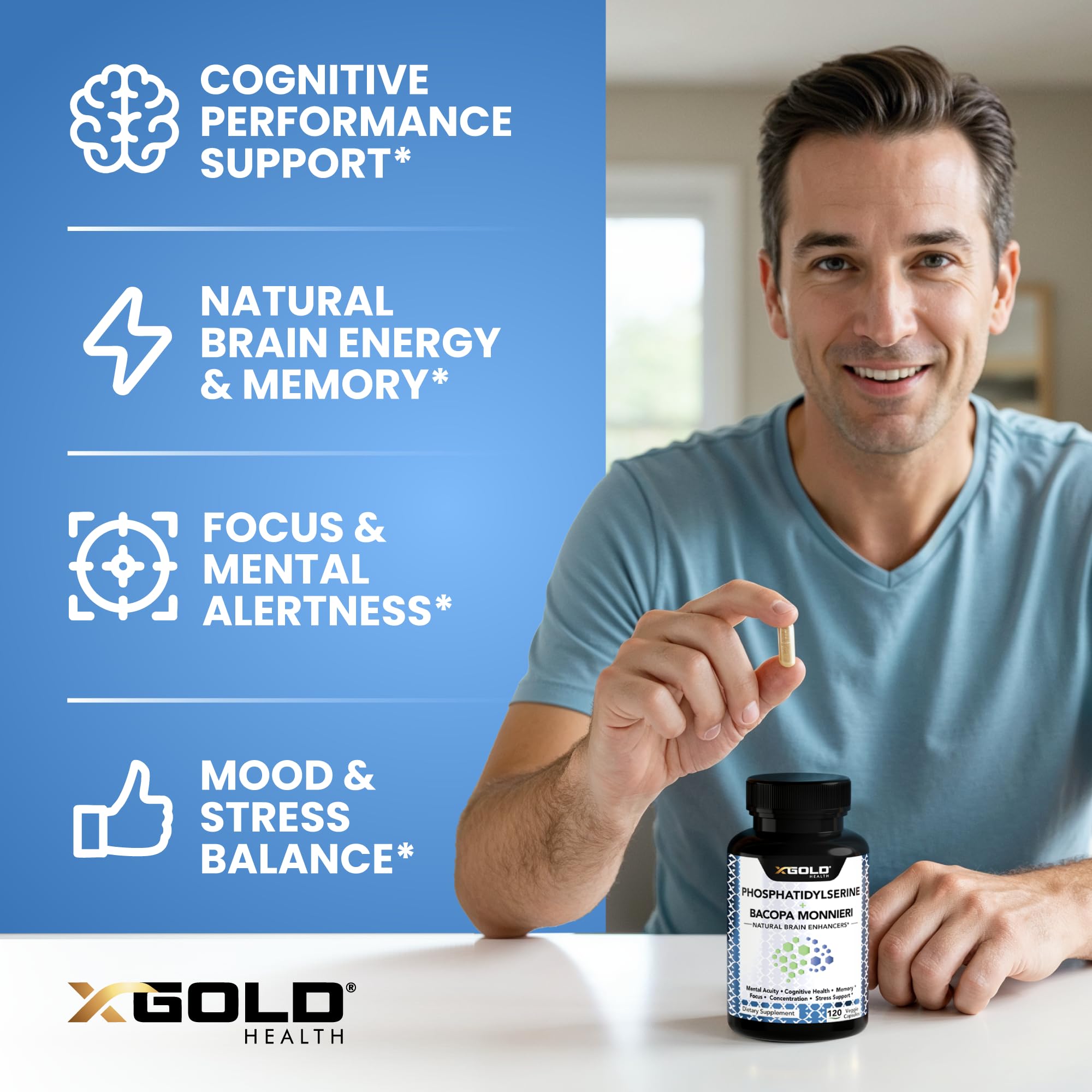 PhosphatidylSerine & Bacopa Monnieri 800 mg 2 in 1 Supplement - Natural Brain Enhancer/Nootropic for Enhanced Focus and Concentration, Memory Support, & Cognitive Function - 120 Vegetarian Capsules X Gold Health buy supplements canada