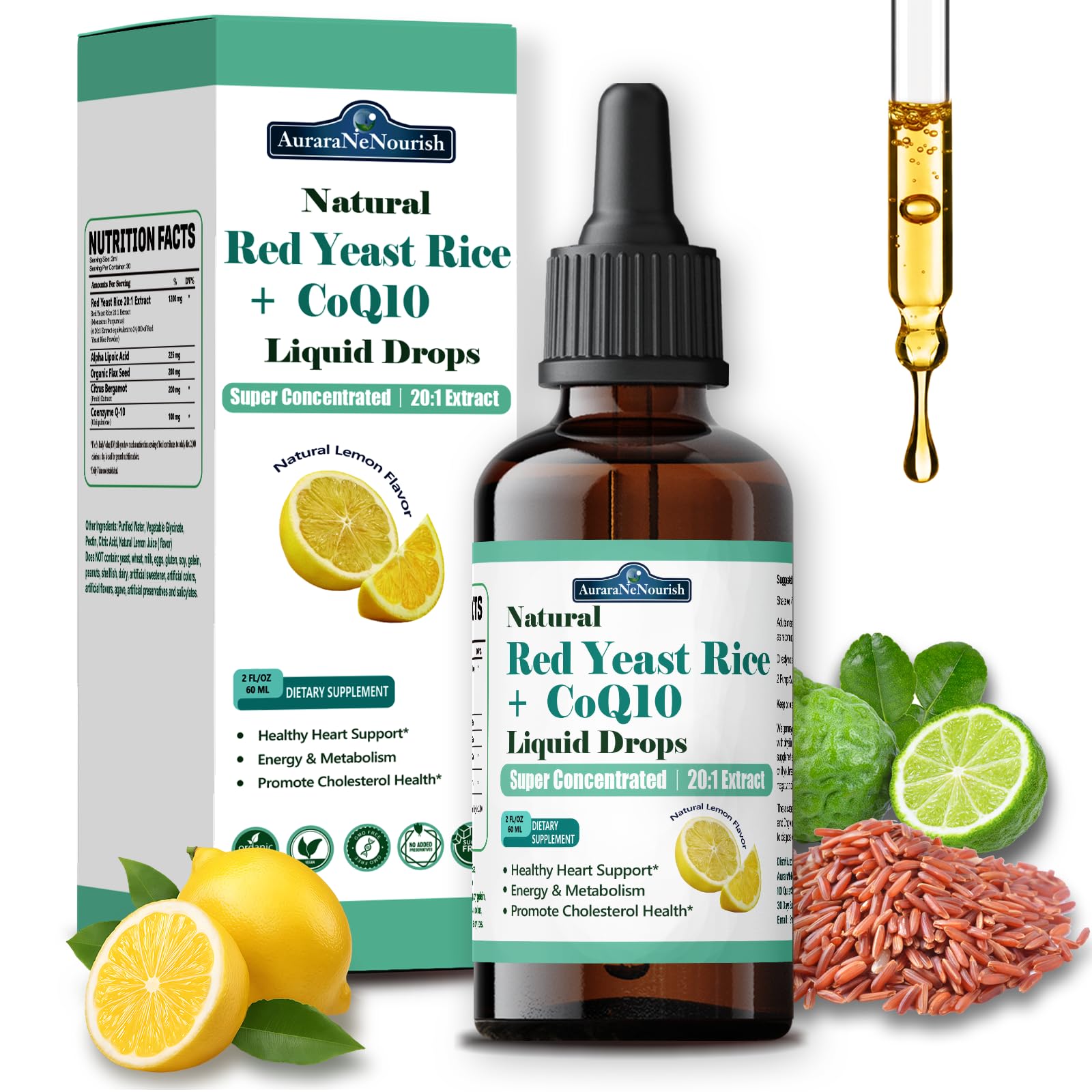 Liposomal Red Yeast Rice with Coq10 Liquid Drops, 5-in-1 Extra Strength 1200mg Cholesterol & Heart Support w. Citrus Bergamot Alpha Lipoic Acid | Cholesterol Lowering Supplement | GMO & Citrinin Free AuraraNeNourish buy supplements canada