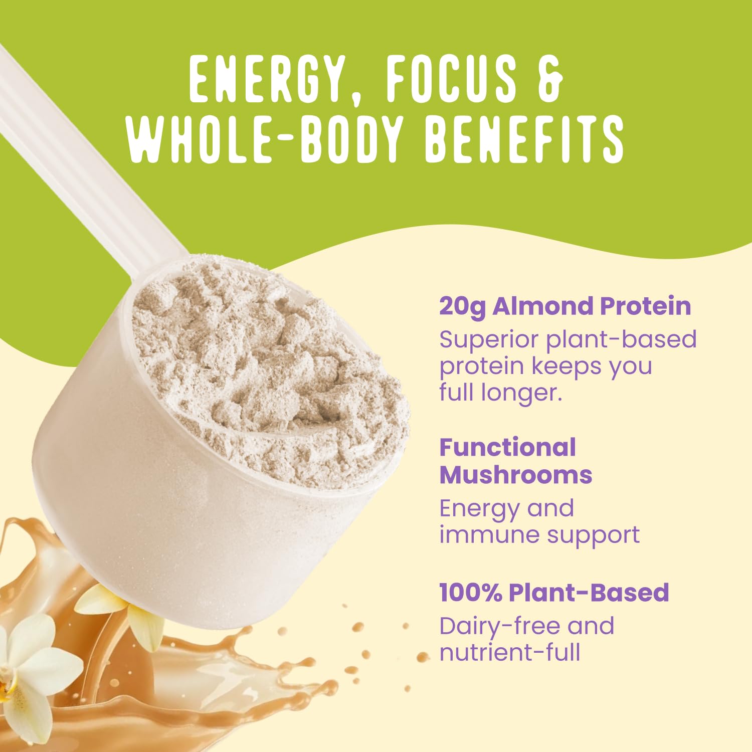 FlavCity Vegan Almond Protein Shake Powder, Vanilla Cream + Reishi & Cordyceps Mushrooms - Focus, Skin, Hair & Joint Support - Organic Fruit All in One Smoothie On-the-Go, 20 Servings FlavCity buy supplements canada