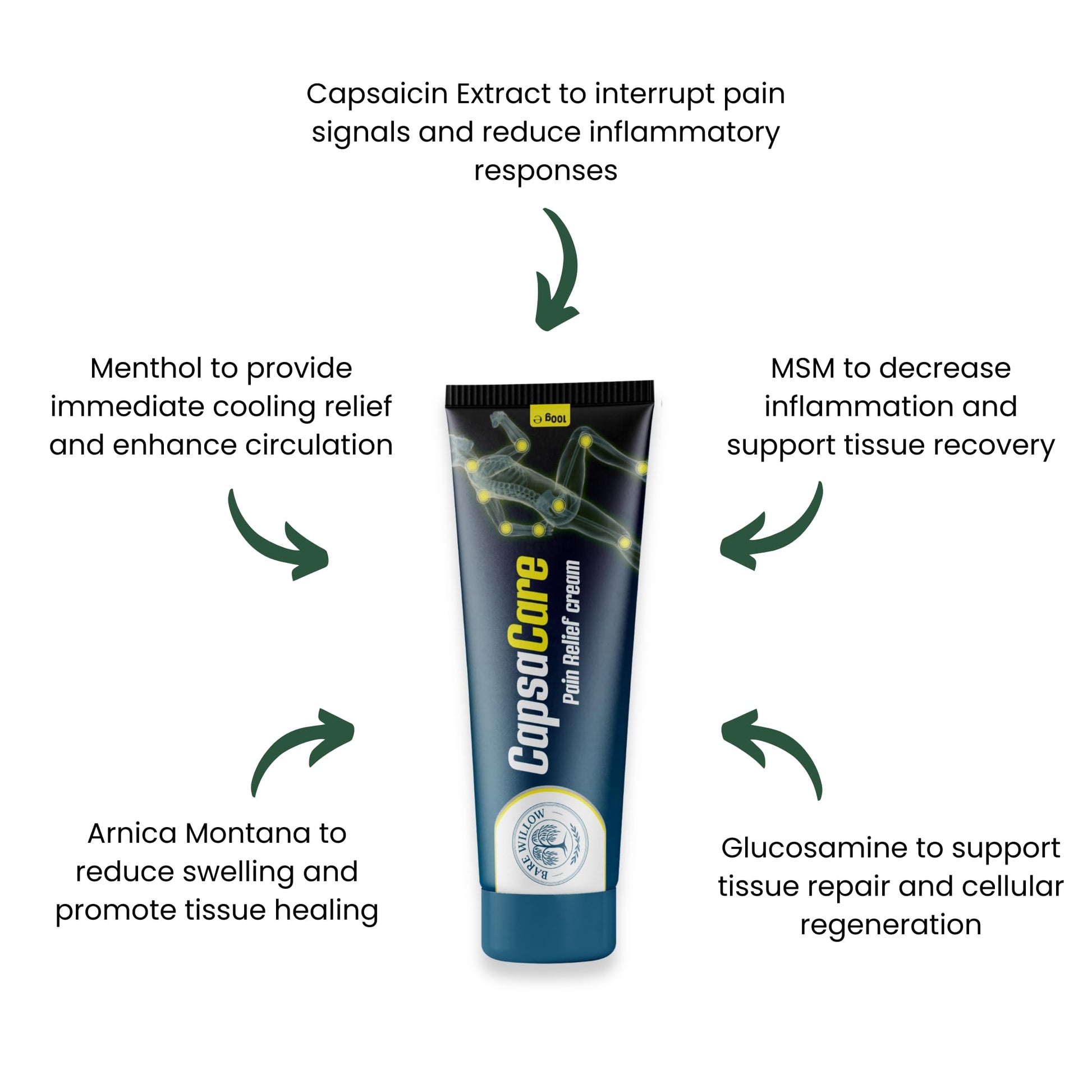 CapsaCare Cream with Capsaicin 0.125% & Magnesium, NeuroSoothe Blend with Arnica, Glucosamine, Menthol & Aloe, Fragrance Free, Non Greasy, Hydrating Topical Skin Cream for Men and Women, 100g (1 Pack) Bare Willow buy supplements canada