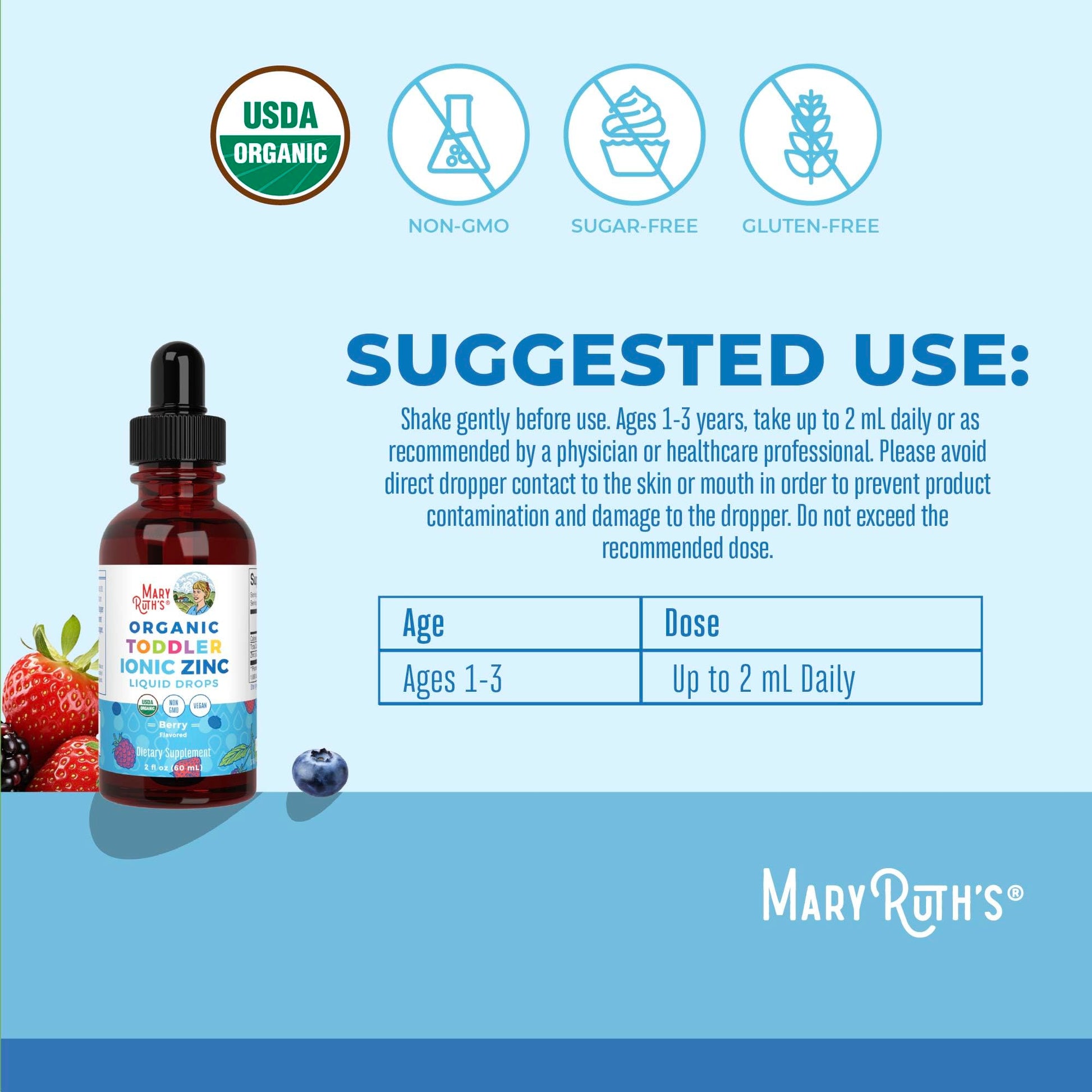 MaryRuth Organics USDA Toddler Liquid Drops | Zinc Sulfate | Immune Support Supplement| Skin Health | Vegan | Formulated for Ages 1-3 | Delicious Berry Flavor | 1 Month Supply | 2 Fl Oz MARYRUTH'S buy supplements canada