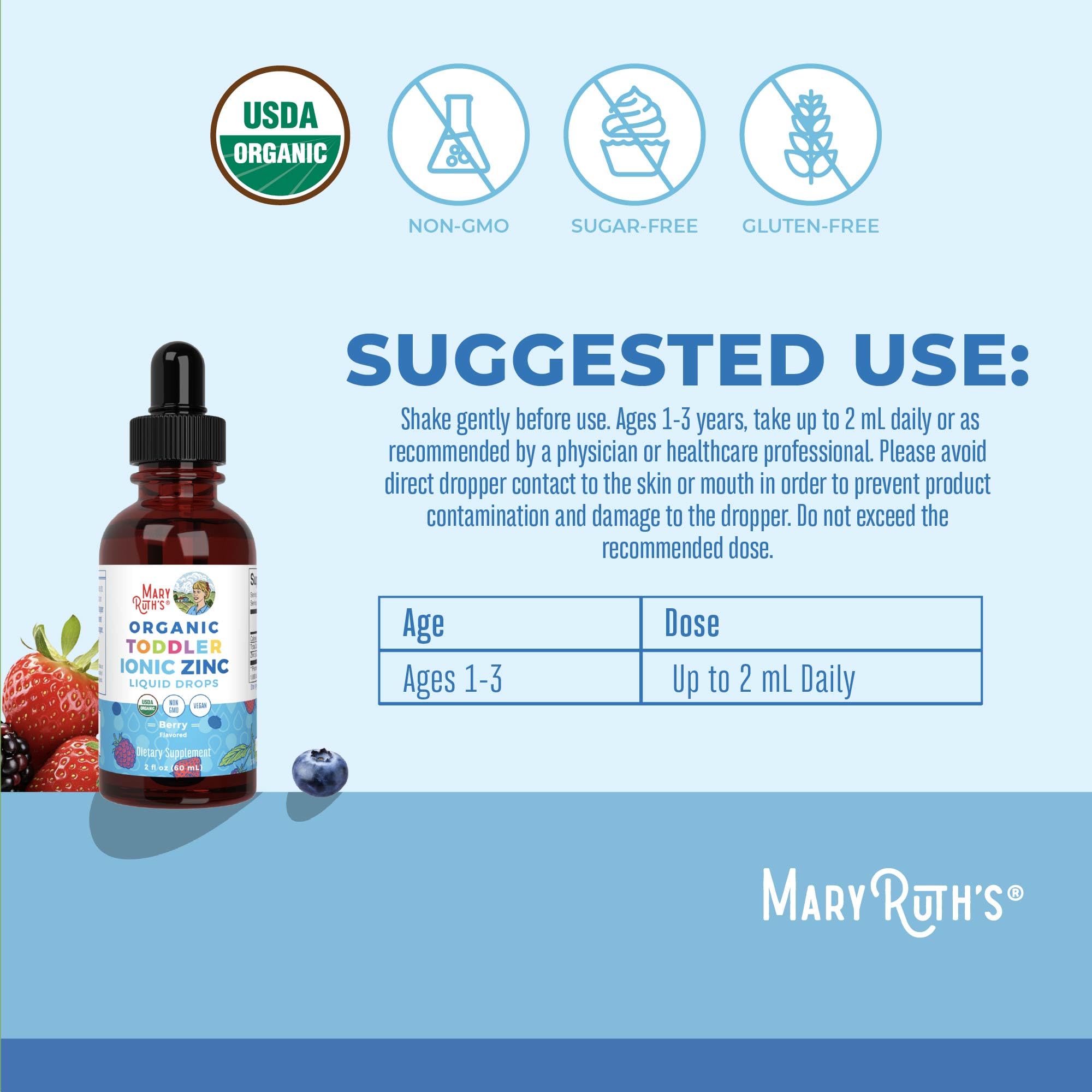 MaryRuth Organics USDA Toddler Liquid Drops | Zinc Sulfate | Immune Support Supplement| Skin Health | Vegan | Formulated for Ages 1-3 | Delicious Berry Flavor | 1 Month Supply | 2 Fl Oz MARYRUTH'S buy supplements canada