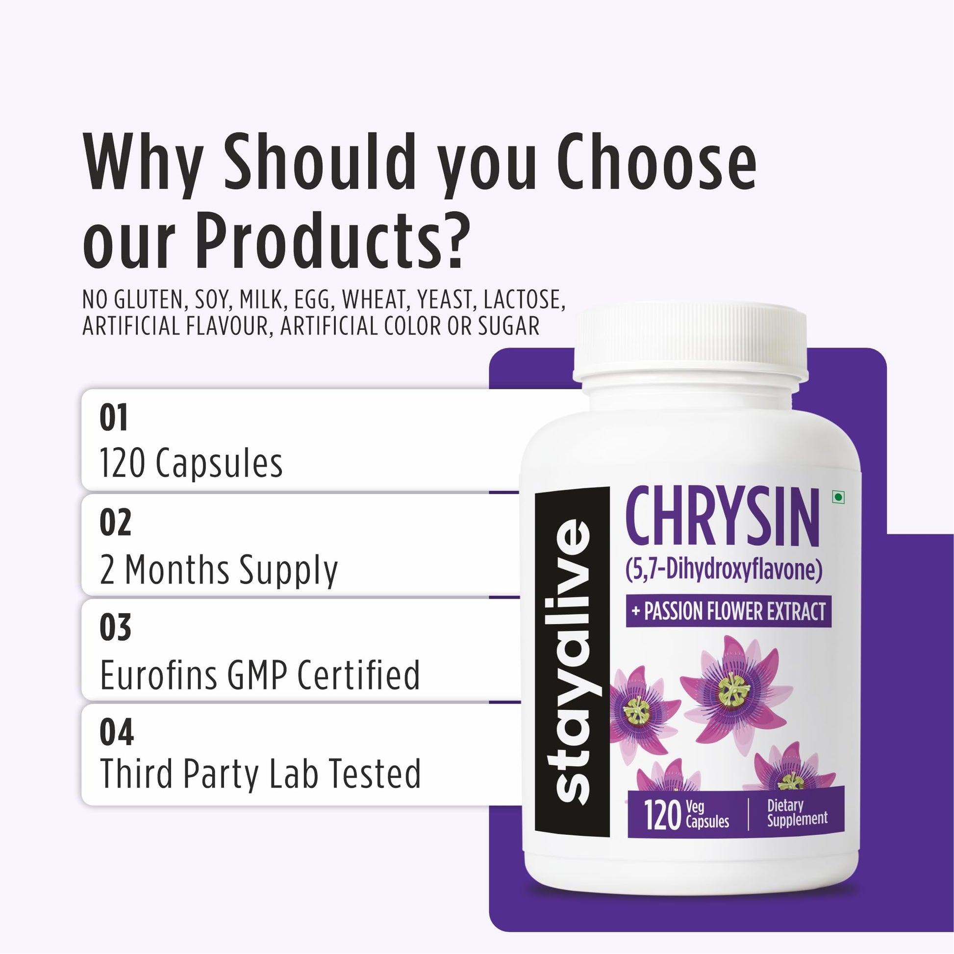 STAY ALIVE Chrysin Supplement 500mg & Passion Flower Extract Powder, 5,7-Dihydroxyflavone, Non-GMO and Gluten-Free Chrysin for Men and Women, 120 Capsules STAY ALIVE buy supplements canada