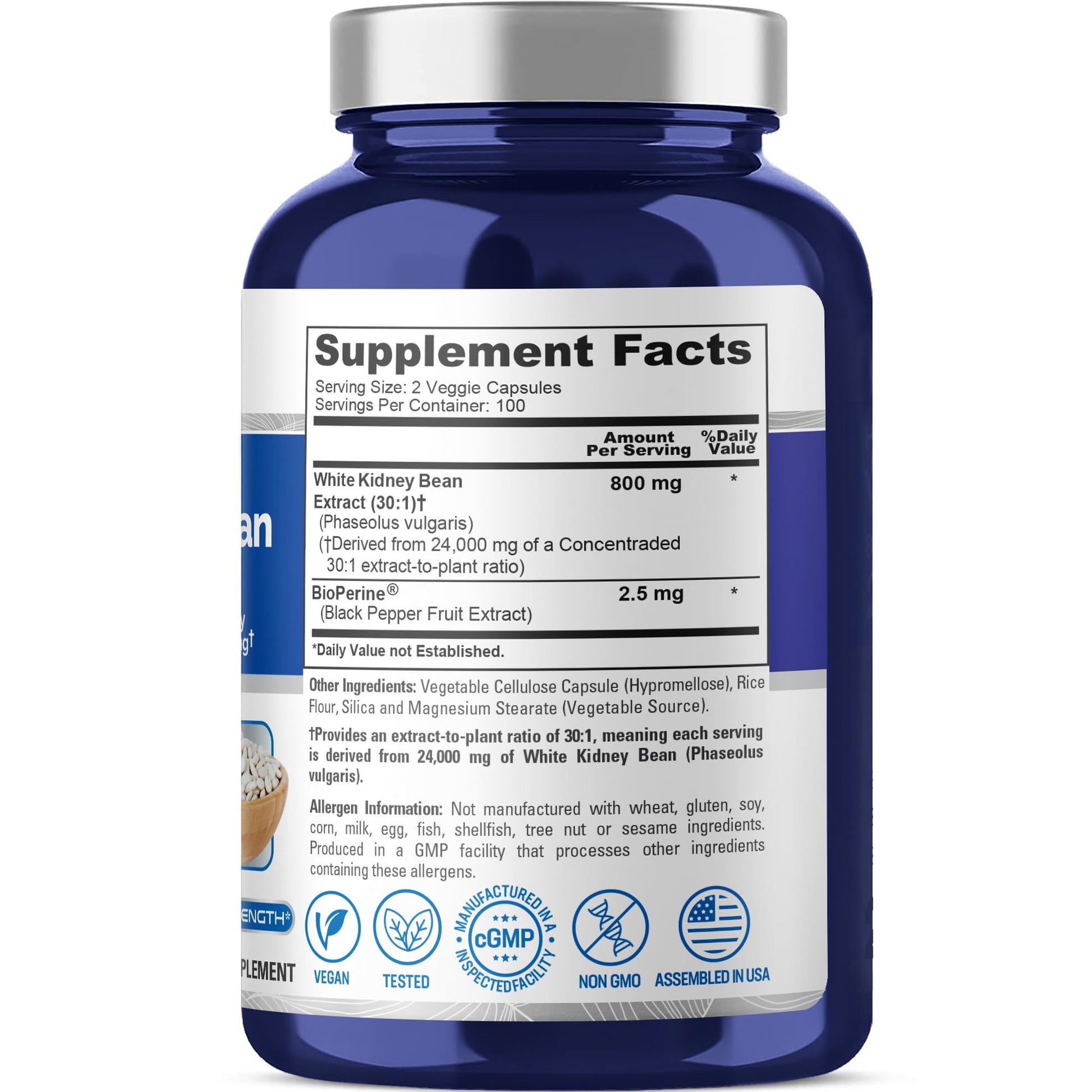 NusaPure White Kidney Beans 30:1 Extract, 800 mg Equivalent to 24,000 mg 200 Vegan Capsules - Bioperine - (Vegan, Non-GMO) NusaPure buy supplements canada