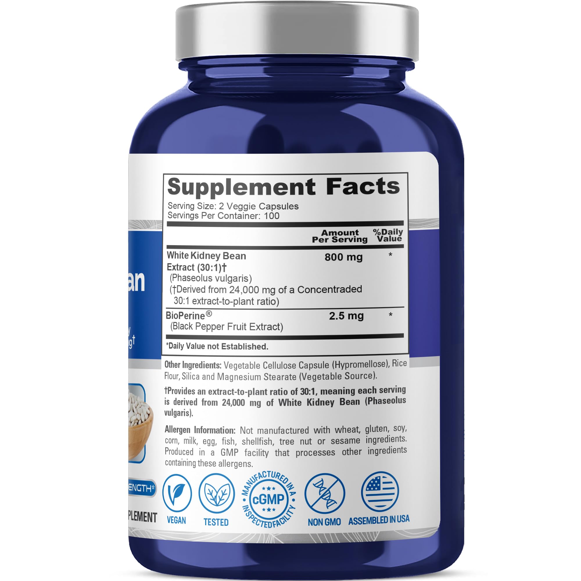 NusaPure White Kidney Beans 30:1 Extract, 800 mg Equivalent to 24,000 mg 200 Vegan Capsules - Bioperine - (Vegan, Non-GMO) NusaPure buy supplements canada