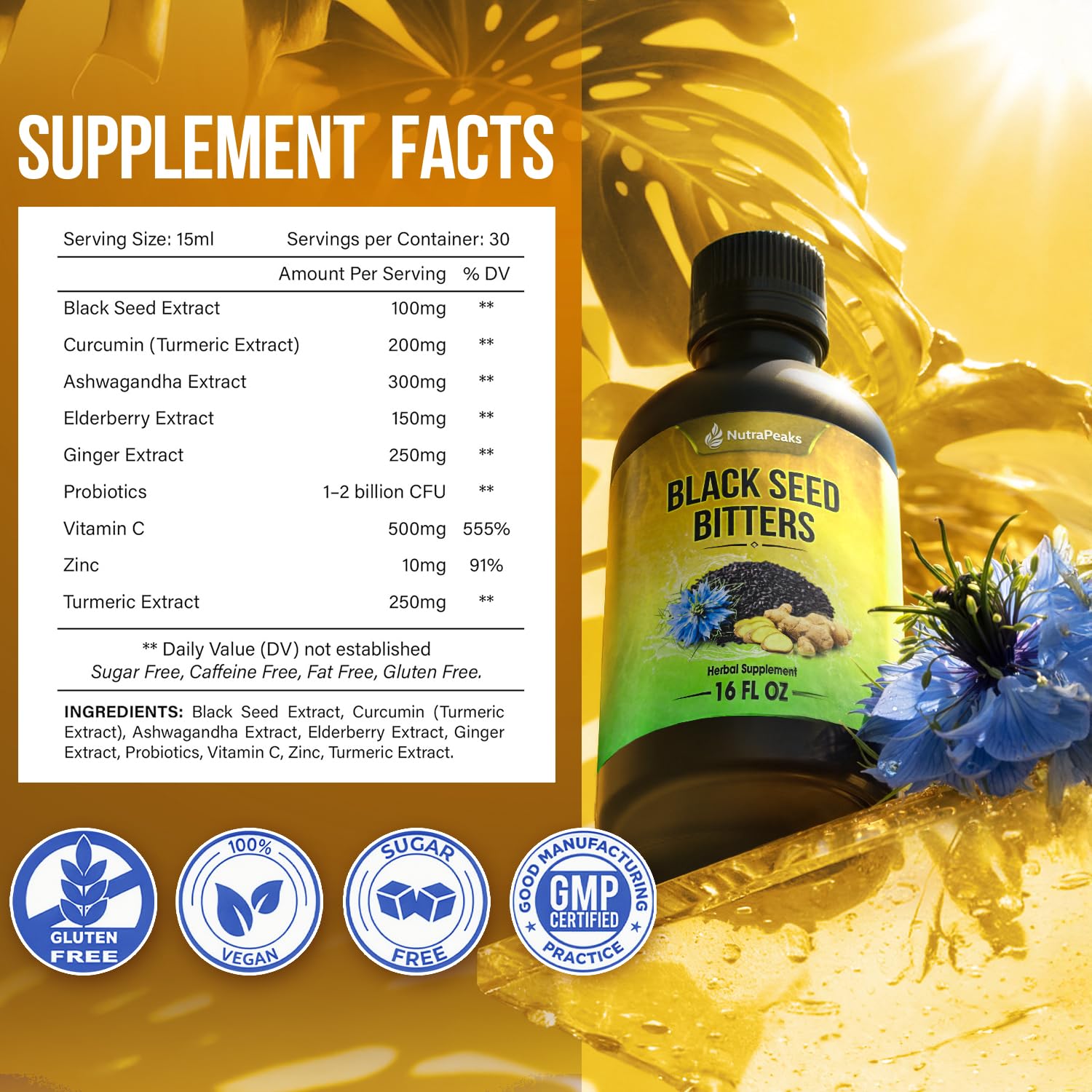 Black Seed Oil Bitters Liquid - Premium Herbal Blend with Black Seed Extract, Curcumin (Turmeric Extract), Ashwagandha, Elderberry, Probiotics, Vitamin C, Zinc...16 fl oz | Natural Botanical Blend NutraPeaks buy supplements canada