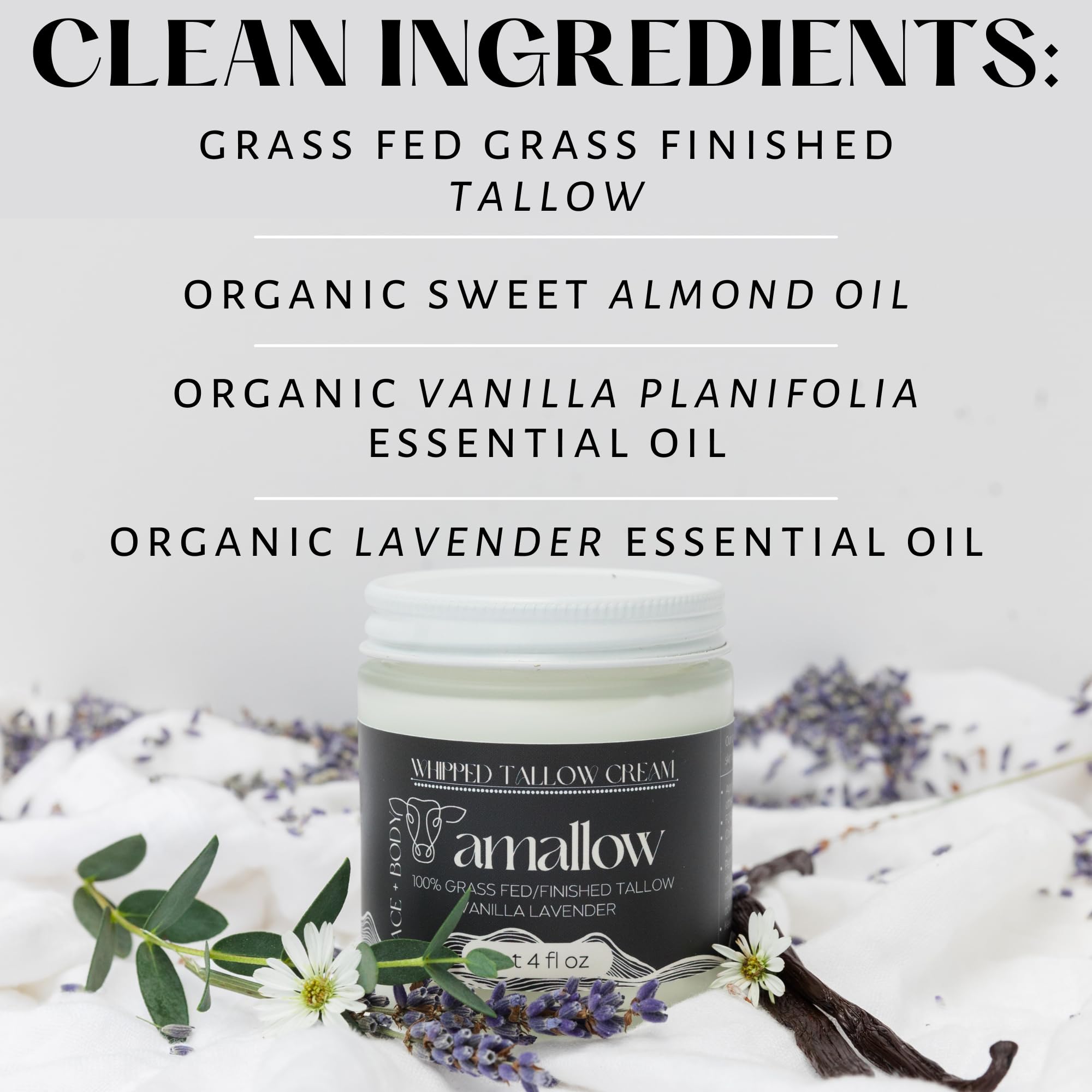 Amallow 100% Grass Fed Beef Tallow for Skin Care - Face + Body - Whipped Moisturizer - Natural Lotion, 4 FL. oz. (Vanilla Lavender) Amallow buy supplements canada