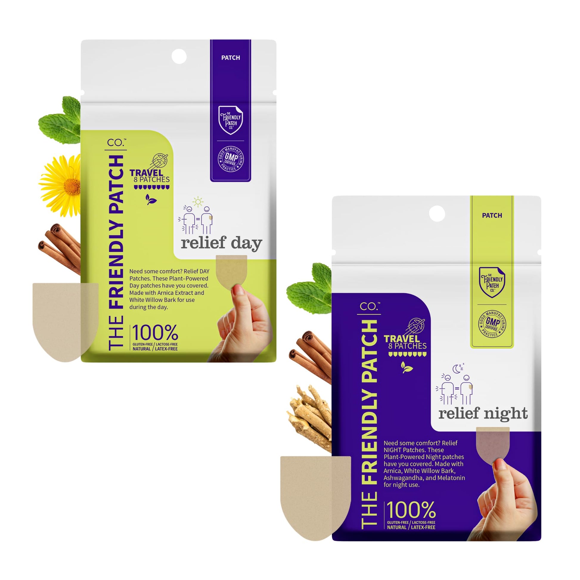 Relief Day & Night Patch Bundle - Arnica, White Willow Bark, Melatonin, Ashwagandha, Saffron & Peppermint for Soreness, Discomfort & Sleep Support for Women and Men - 16 Plant-Powered Patches The Friendly Patch CO. buy supplements canada