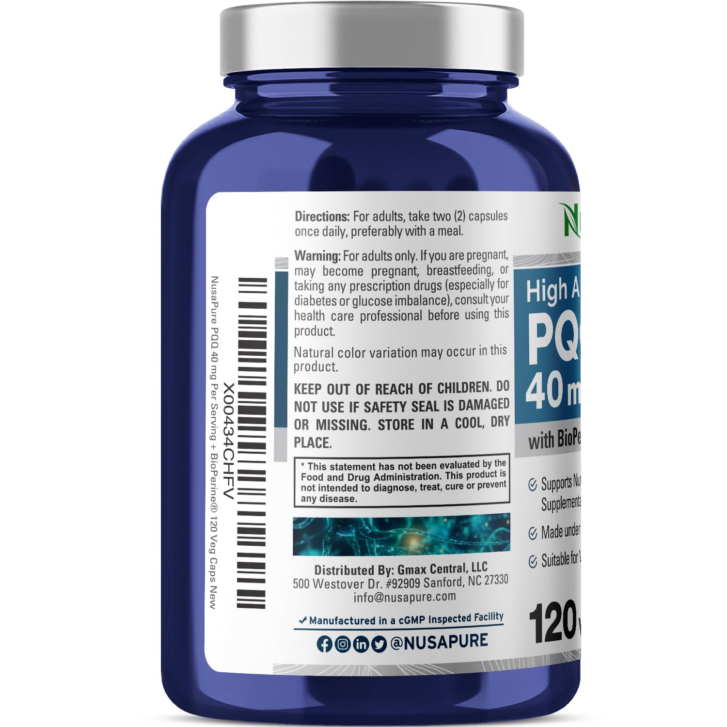 NusaPure PQQ Supplement 40 mg, 120 Veggie Capsules, Non-GMO, Pyrroloquinoline Quinone Disodium Salt, Bioperine & Vegan NusaPure buy supplements canada