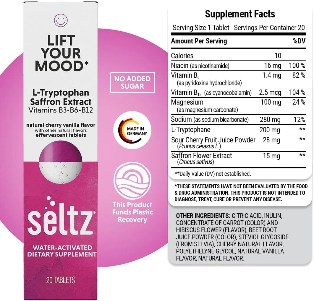 Seltz® Lift Your Mood – Effervescent Vitamins for Mood Support & Energy with L-Tryptophan, Saffron Extract & B Vitamins (B3, B6, B12) Seltz buy supplements canada