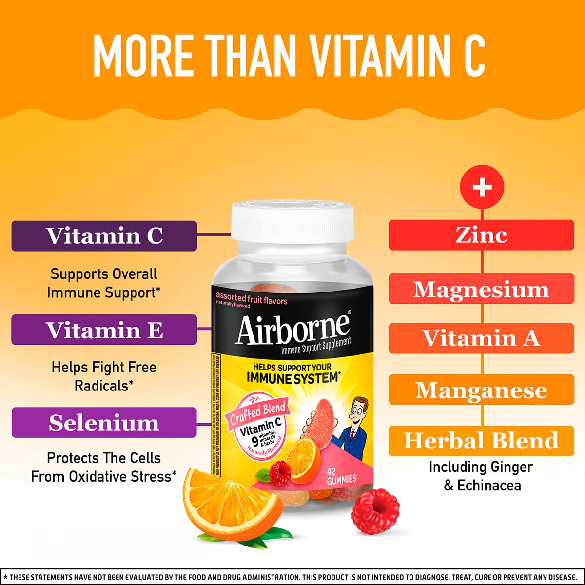 Airborne 750mg Vitamin C Immune Support Supplement Gummies for Adults, Assorted Fruit Flavor, Gluten Free Crafted Blend with Powerful Antioxidants Vitamins A C & E, 42 Gummies (2 Pack) Airborne buy supplements canada
