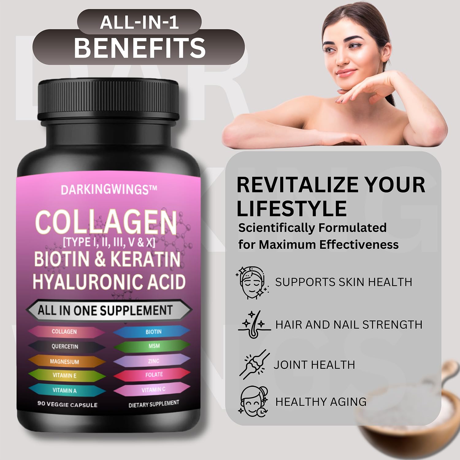 Multi Collagen Pills Peptides Types I, II, III, V & X MCG Biotin Keratin Hyaluronic Acid MSM Vitamin C Zinc Magnesium with Grape Seed Extract, Quercetin - Hair Skin and Nails Vitamins Capsule Darkingwings buy supplements canada