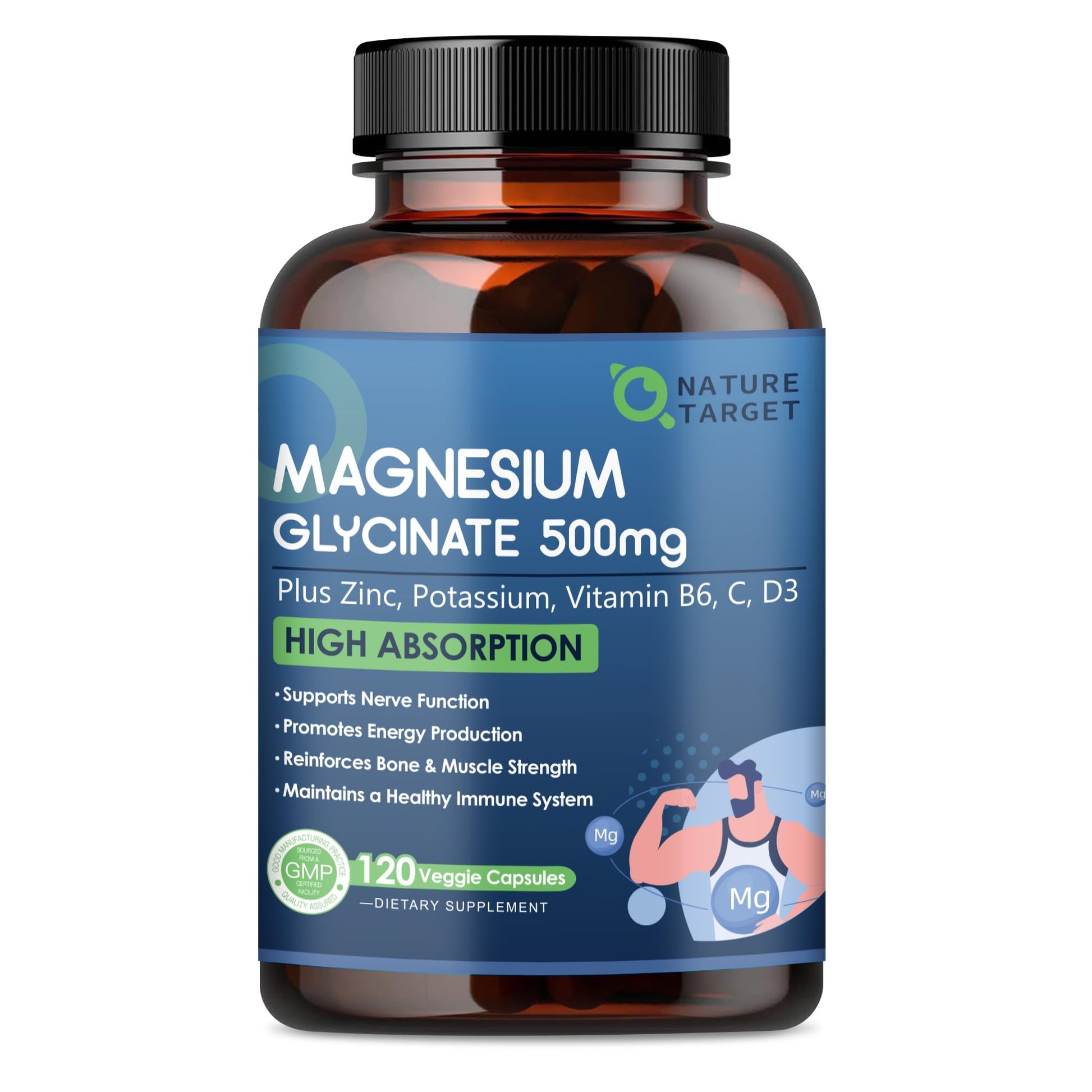 NATURE TARGET Magnesium Glycinate 500mg, Chelated Magnesium with Zinc & Vitamin D3 for Muscle, Nerve & Bone, Support Heart Health & Leg Cramp, Strength Immune System - 120 Capsules NATURE TARGET buy supplements canada