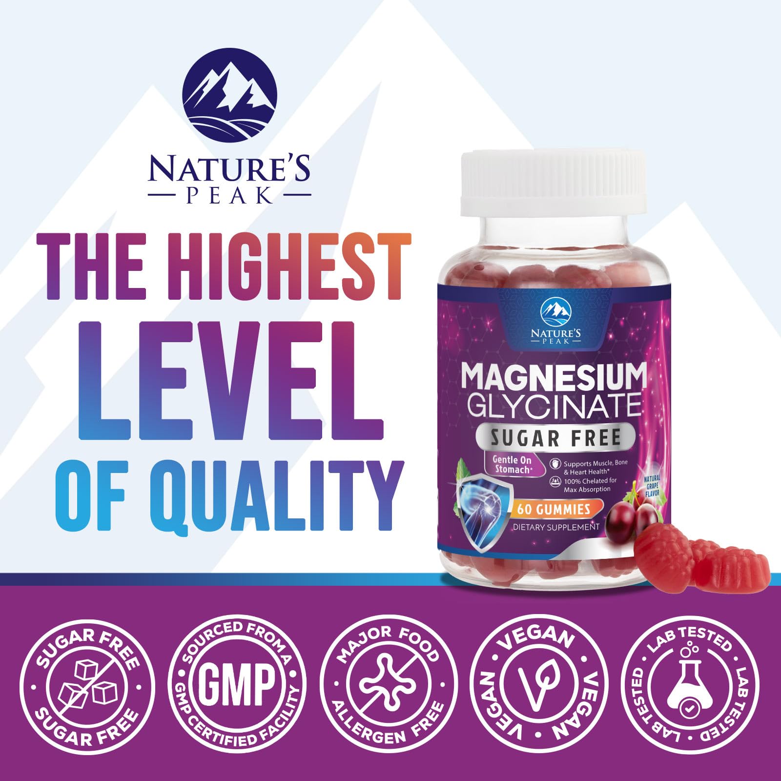 Magnesium Glycinate Gummies - Sugar Free - 100% Chelated Magnesium Gummy Supplement for Max Absorption - for Sleep Support & Heart, Muscle & Bone Health - Gentle on Stomach, Grape Flavor - 60 Gummies Nature's Peak buy supplements canada