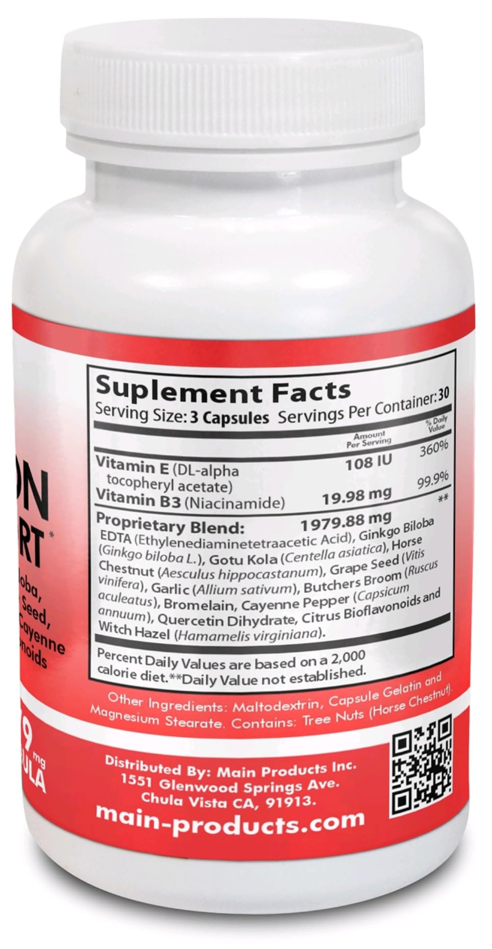 Circulation & Vein Support Supplement - Vitamins E & B3, Ginkgo Biloba, Horse Chestnut, Gotu Kola, Grape Seed, Butcher's Broom & Citrus Bioflavonoids - 1979 mg Formula - 90 Capsules - 30 Days Supply. Main Products buy supplements canada