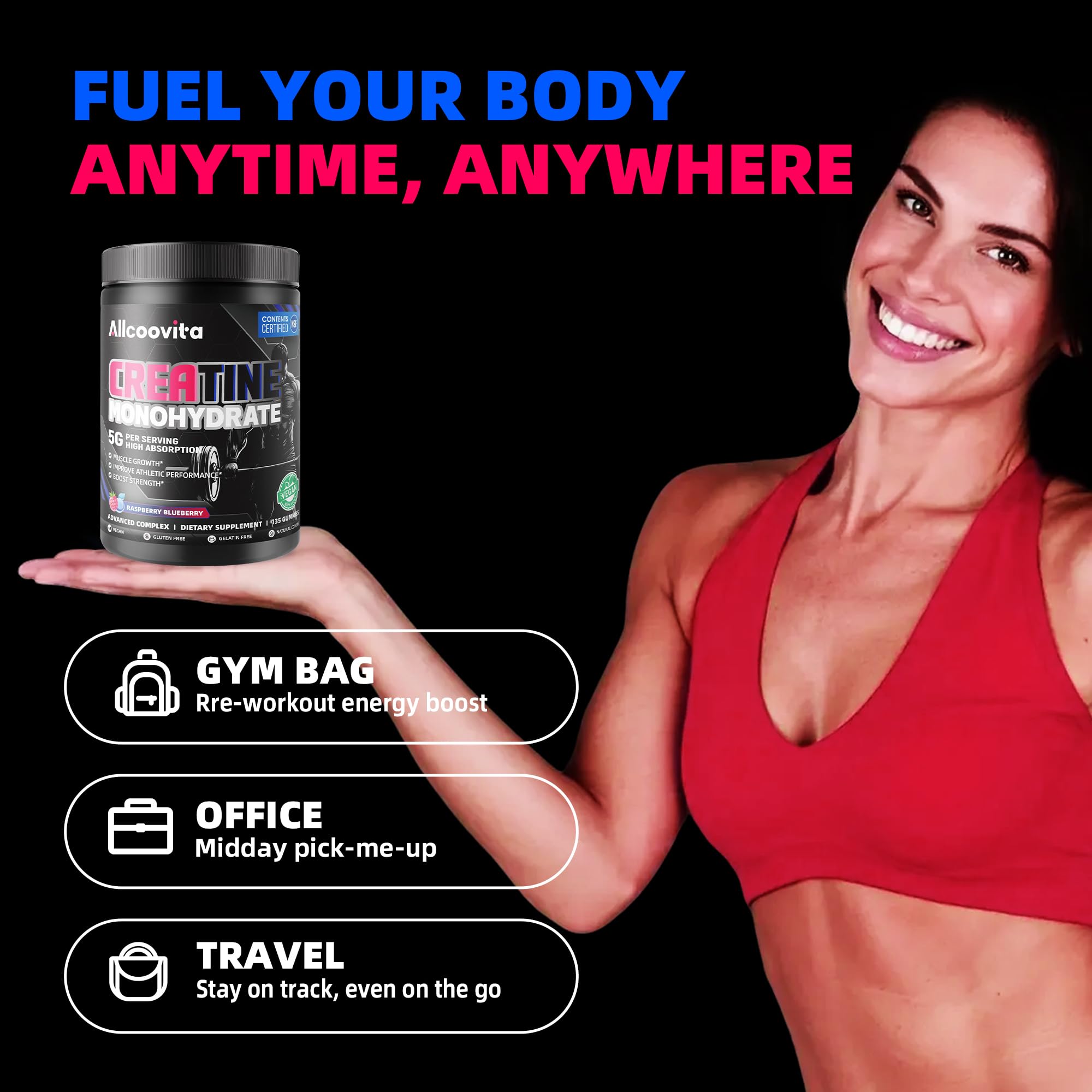NSF Certified Creatine Gummy 5g - Creatine Monohydrate Gummies for Men & Women. Boost Focus,Strength, and Endurance, Anti-Melting Formula, Vegan, Gluten-Free, Non-GMO,(Raspberry & Blueberry 135 ct) Allcoovita buy supplements canada