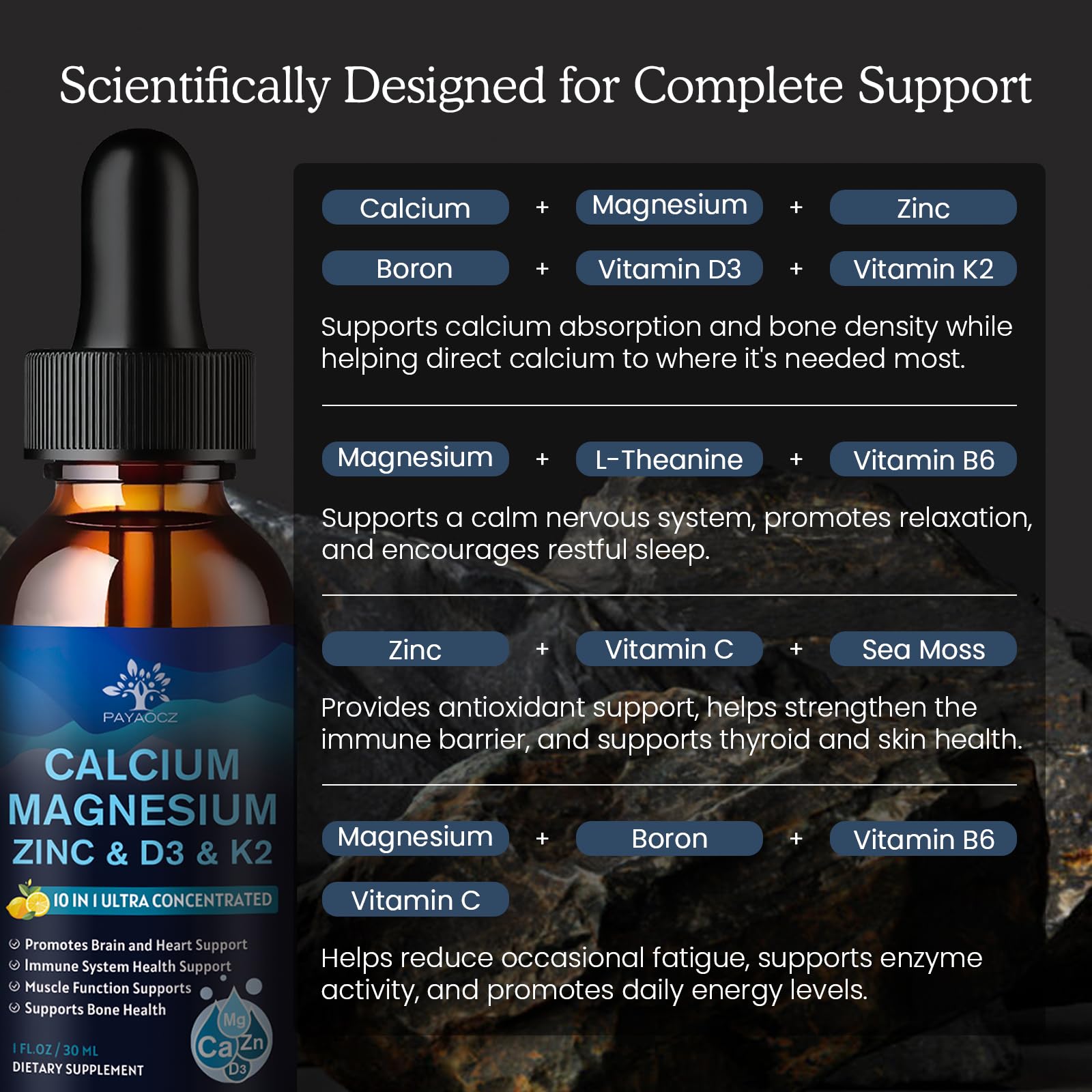 (2 Pack) 10 in 1 Magnesium Calcium Zinc Supplement with Vitamin C D3 K2, Glycinate Mag Vegan Liquid Drops Plus L-Theanine Boron Sea Moss Extract, Immune Support PAYAOCZ buy supplements canada