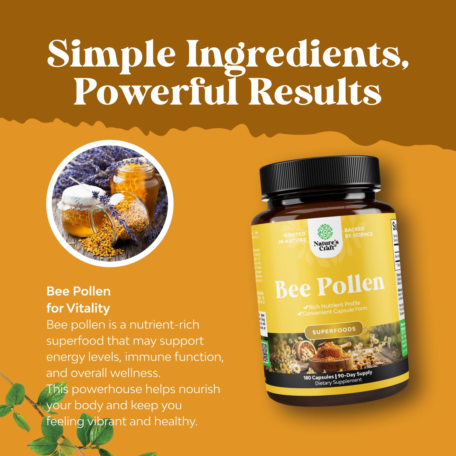 Bee Pollen Pills for Breast Growth 180 Ct - Bee Pollen Supplement 1000mg Serving with Naturally Occurring B Vitamins Minerals & Enzymes - Breast Support Supplement - Vegetarian Non-GMO & Gluten Free Natures Craft buy supplements canada