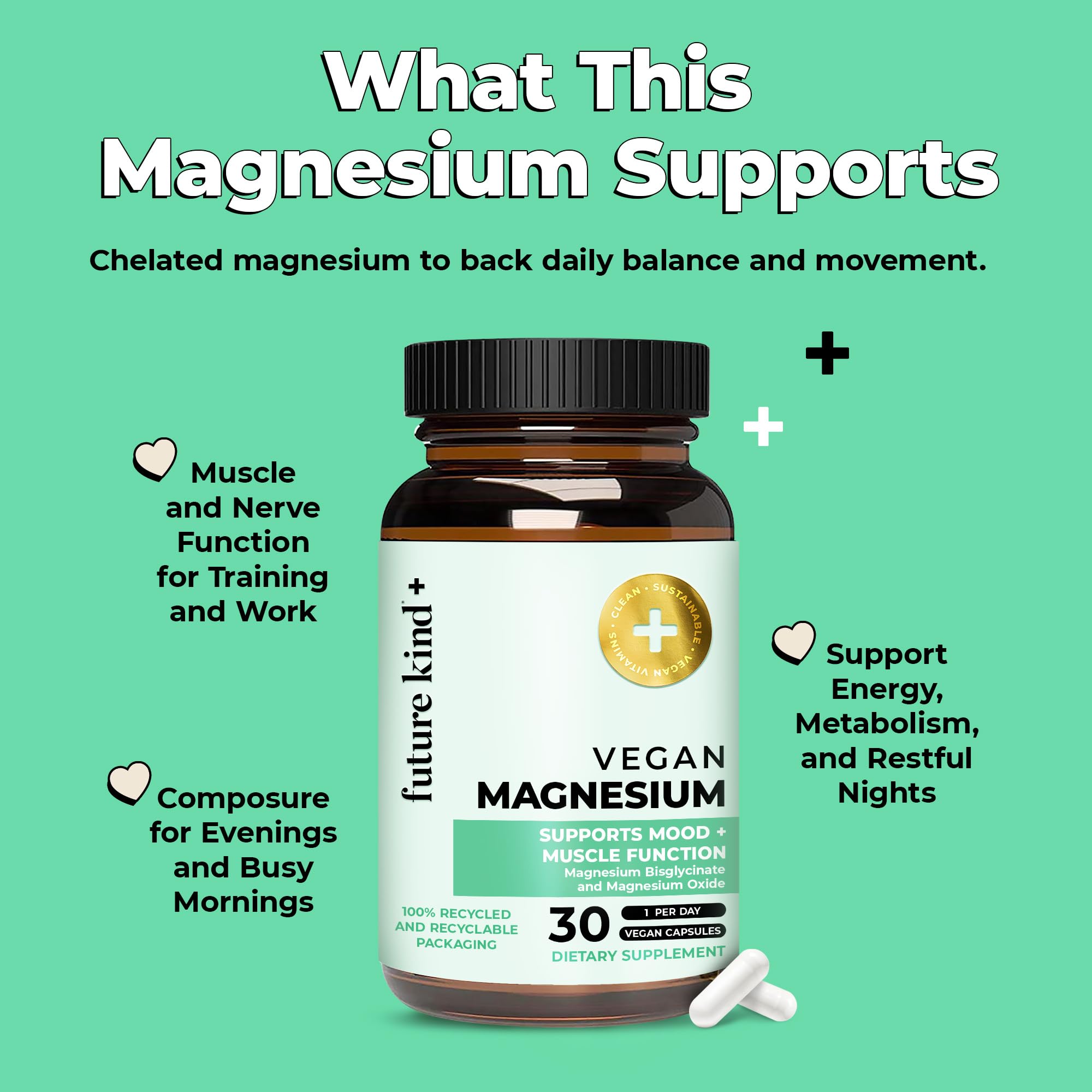 Future Kind Magnesium Glycinate, Supports Muscle and Nerve Function, High Absorption Chelated Magnesium Supplement, Nightly Calm, Energy & Metabolism, Highly Bioavailable & Potent - 30 Vegan Capsules Future Kind buy supplements canada